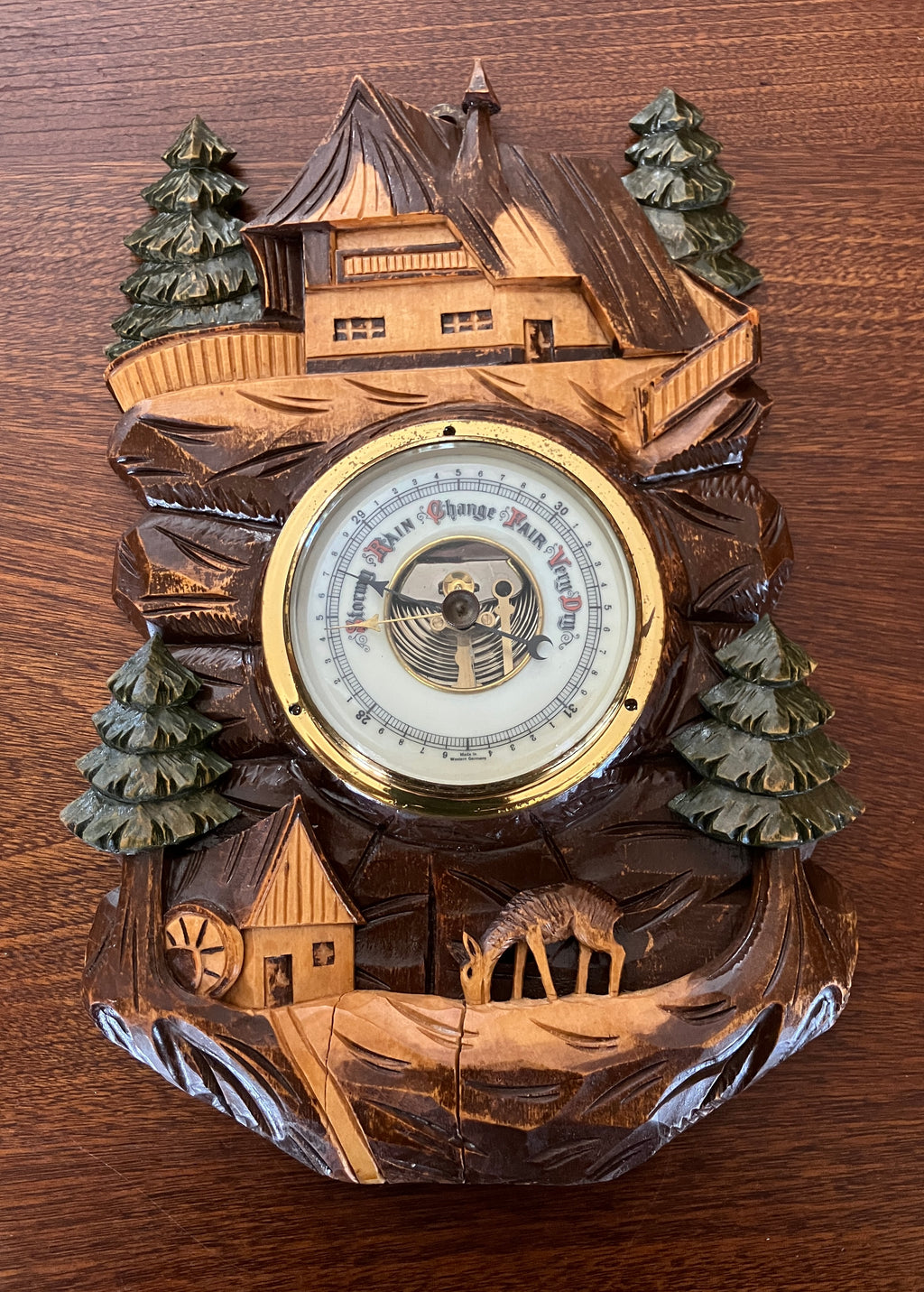 Vintage Barometer German Black Forest Hand Carved Barometer Rare West Germany