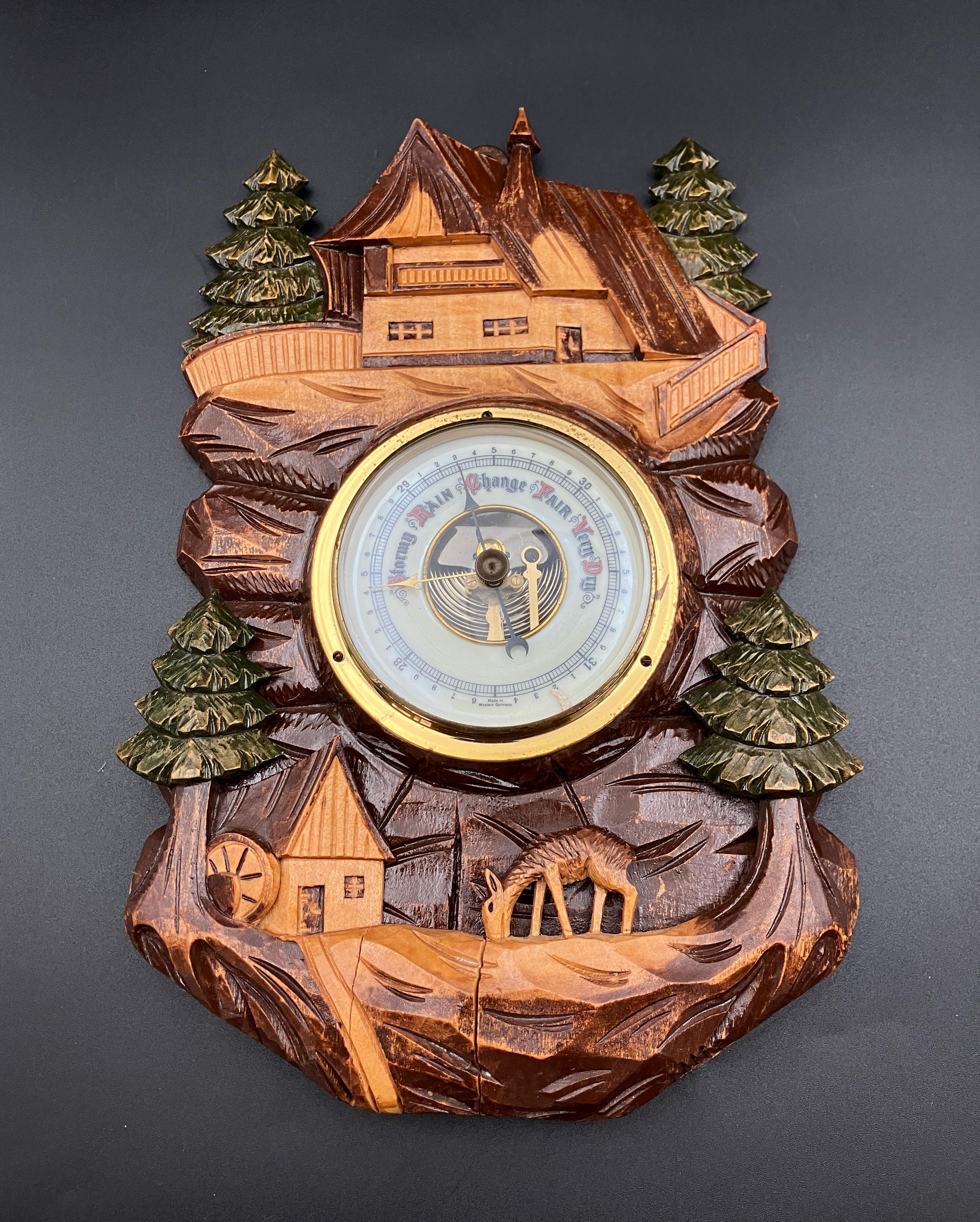 Vintage Barometer German Black Forest Hand Carved Barometer Rare West Germany