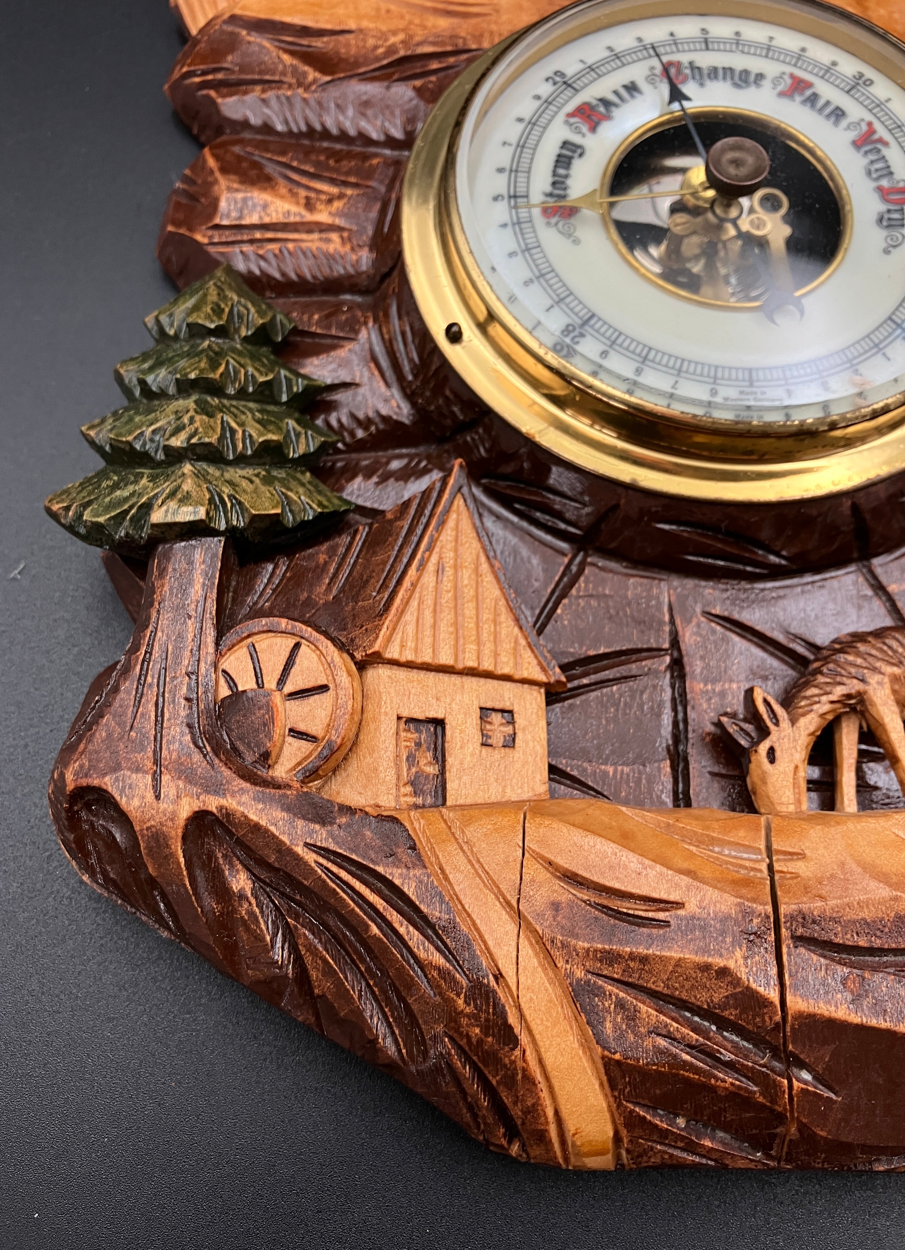 Vintage Barometer German Black Forest Hand Carved Barometer Rare West Germany