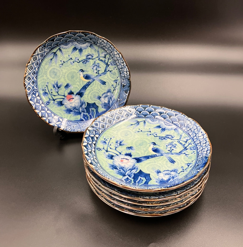 Vintage Arita Japanese Genshou Plate Blue/Green Floral Bird X6 Porcelain 16cm