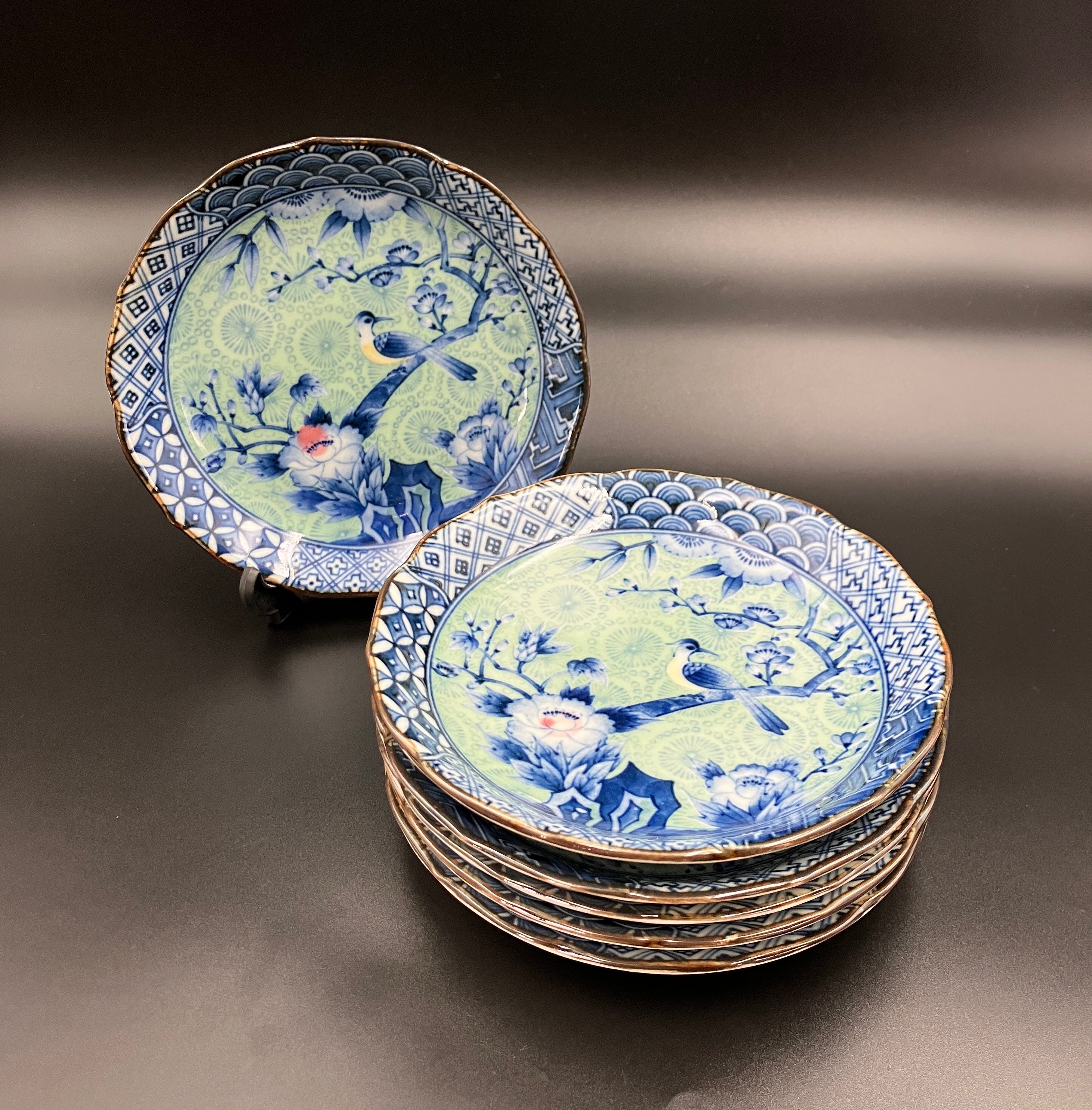 Vintage Arita Japanese Genshou Plate Blue/Green Floral Bird X6 Porcelain 16cm