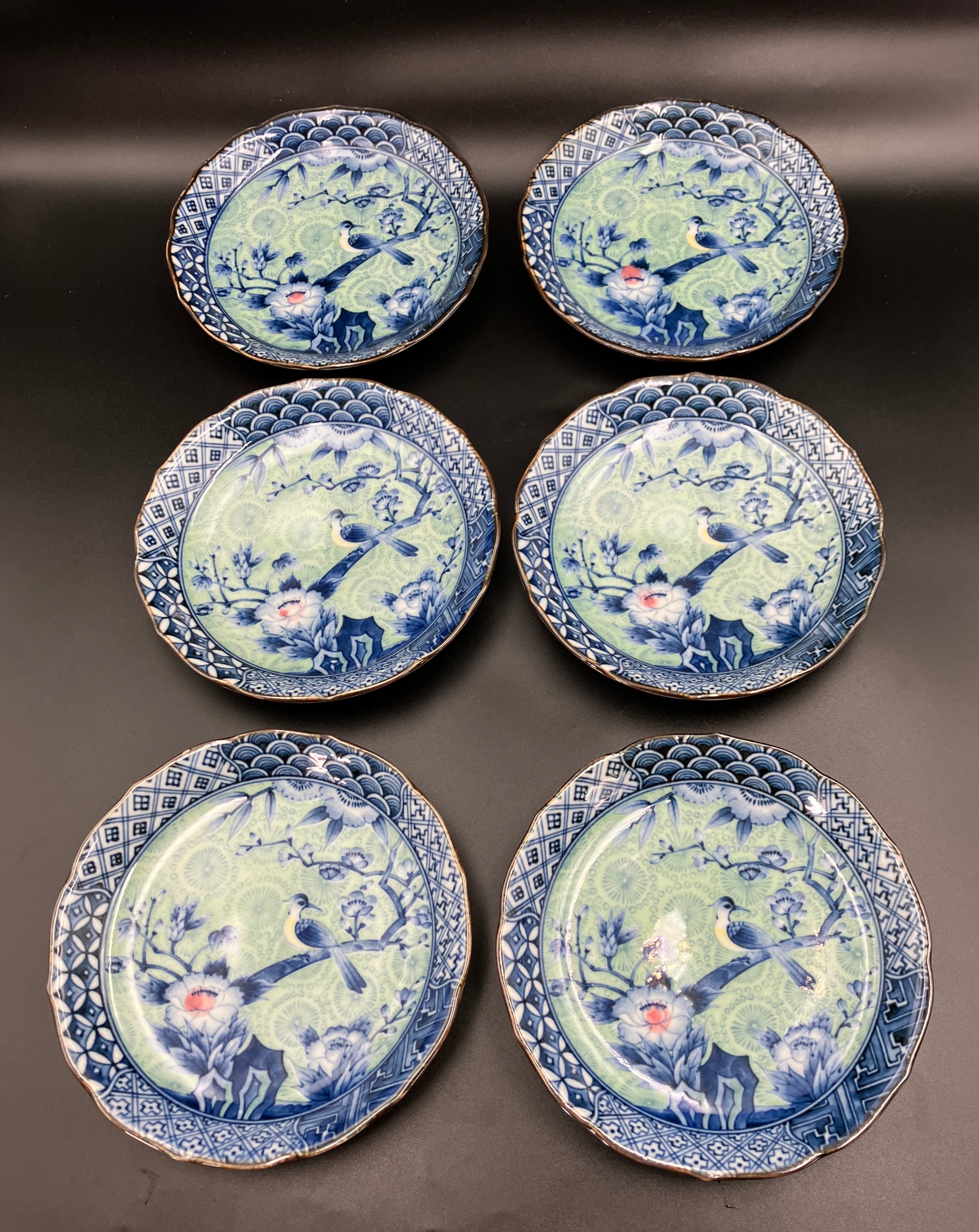 Vintage Arita Japanese Genshou Plate Blue/Green Floral Bird X6 Porcelain 16cm