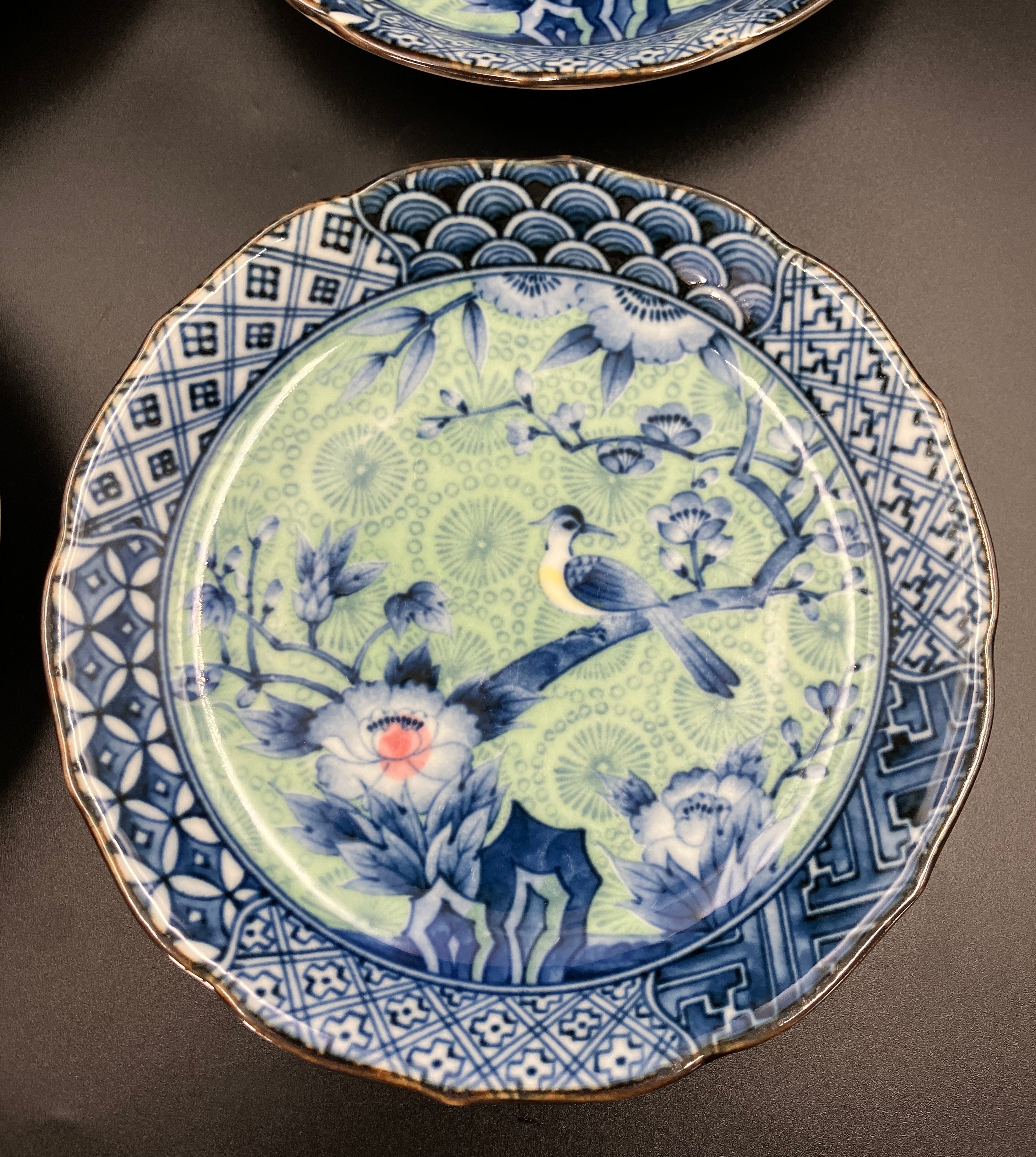 Vintage Arita Japanese Genshou Plate Blue/Green Floral Bird X6 Porcelain 16cm