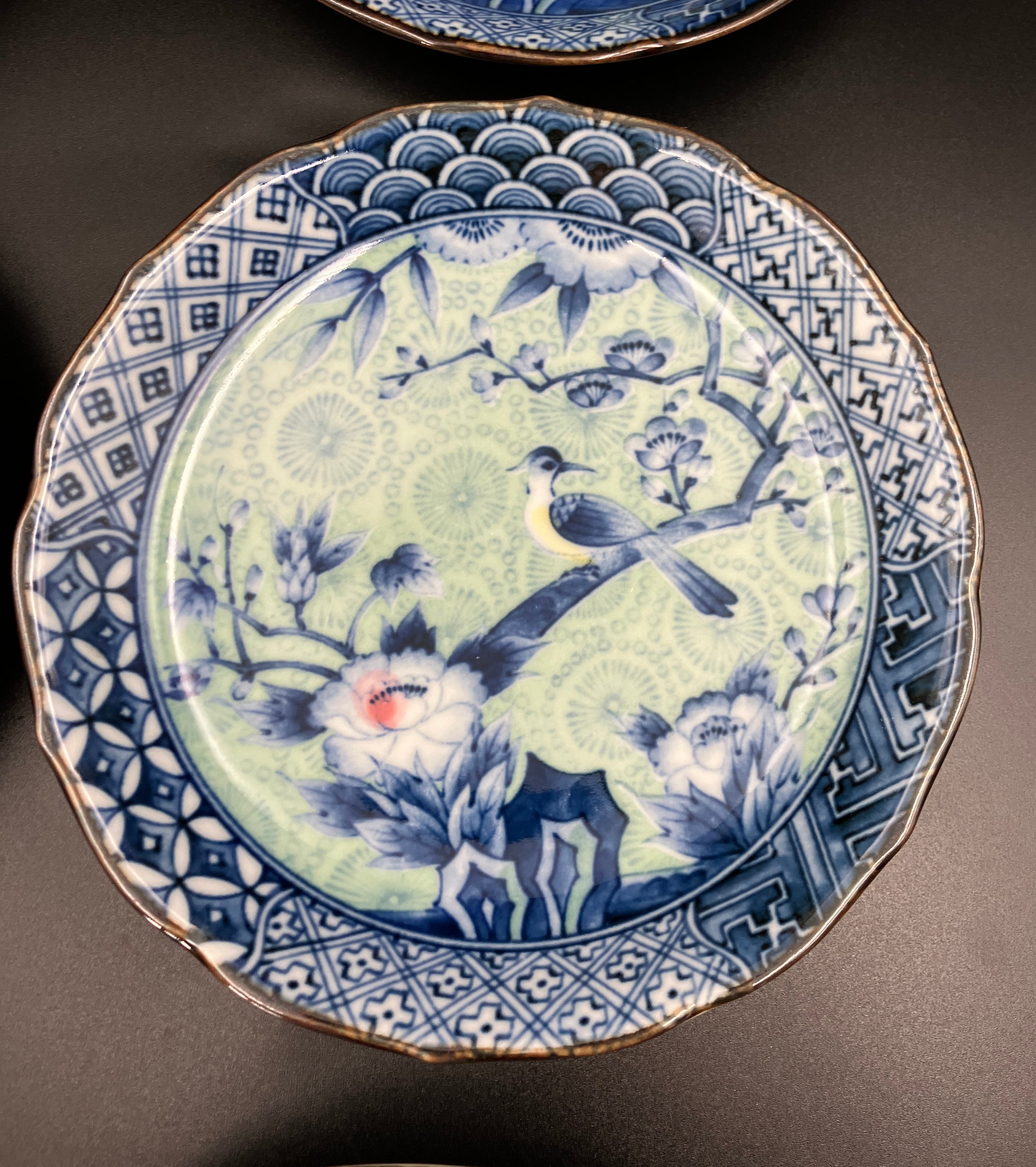 Vintage Arita Japanese Genshou Plate Blue/Green Floral Bird X6 Porcelain 16cm