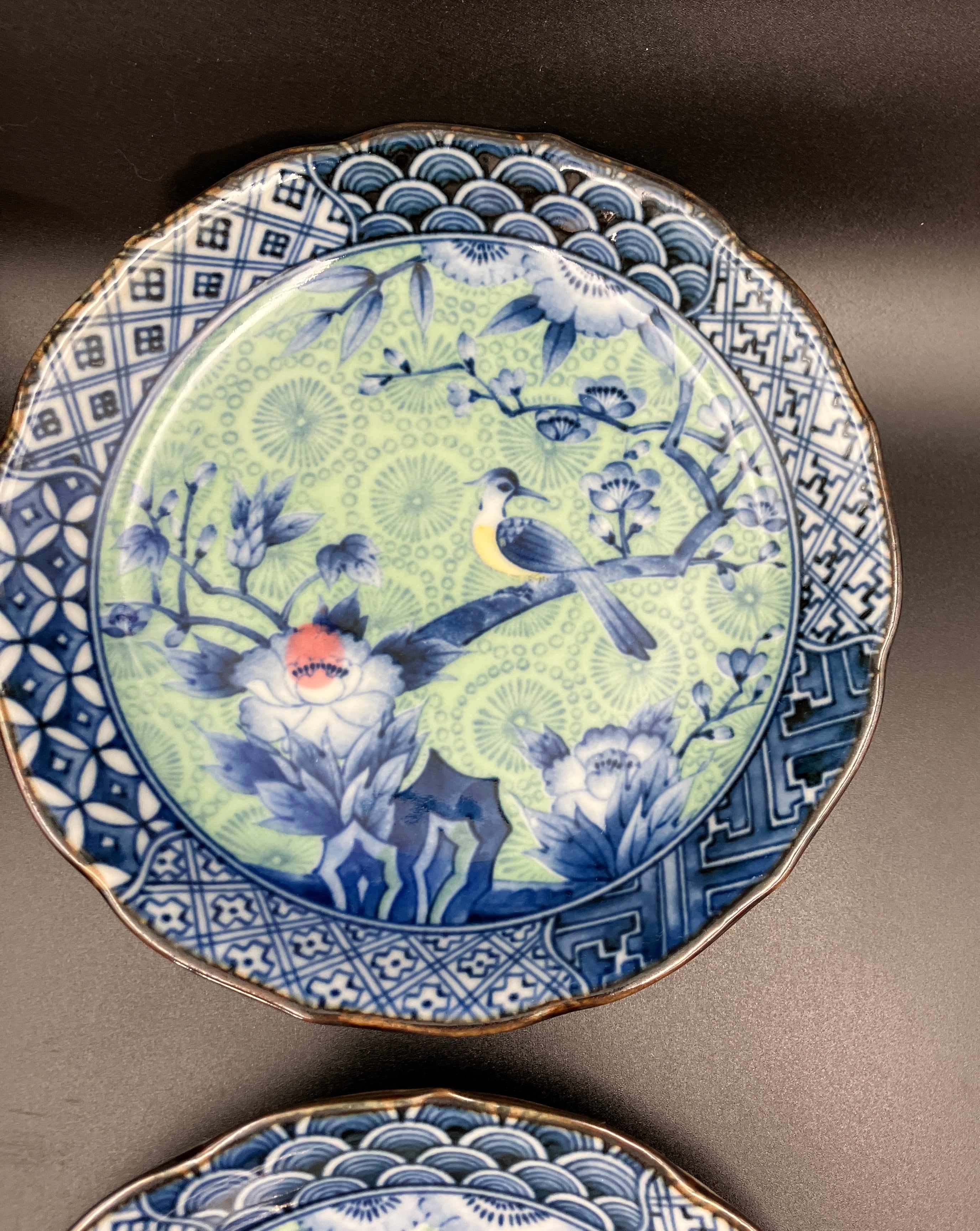 Vintage Arita Japanese Genshou Plate Blue/Green Floral Bird X6 Porcelain 16cm