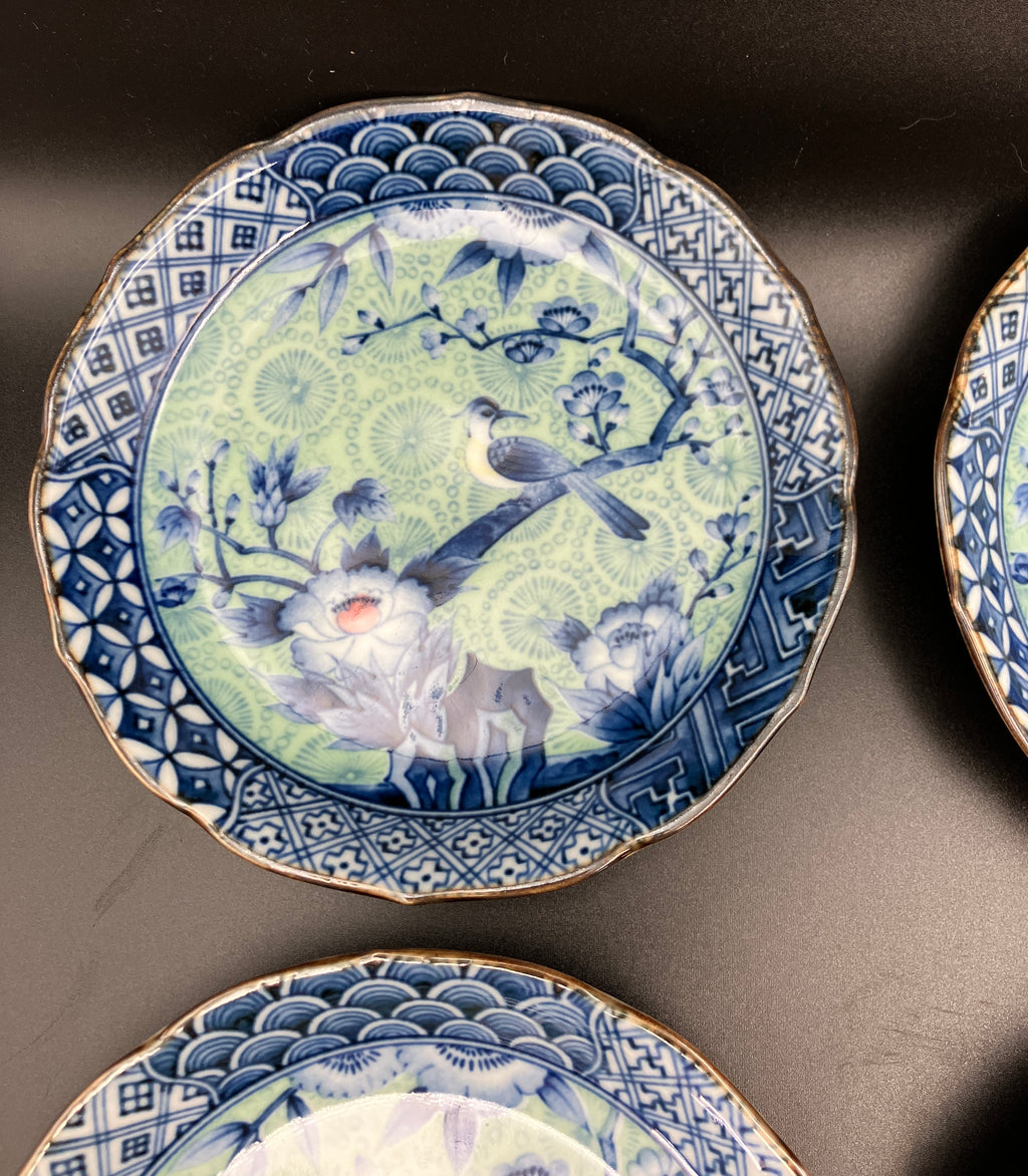 Vintage Arita Japanese Genshou Plate Blue/Green Floral Bird X6 Porcelain 16cm