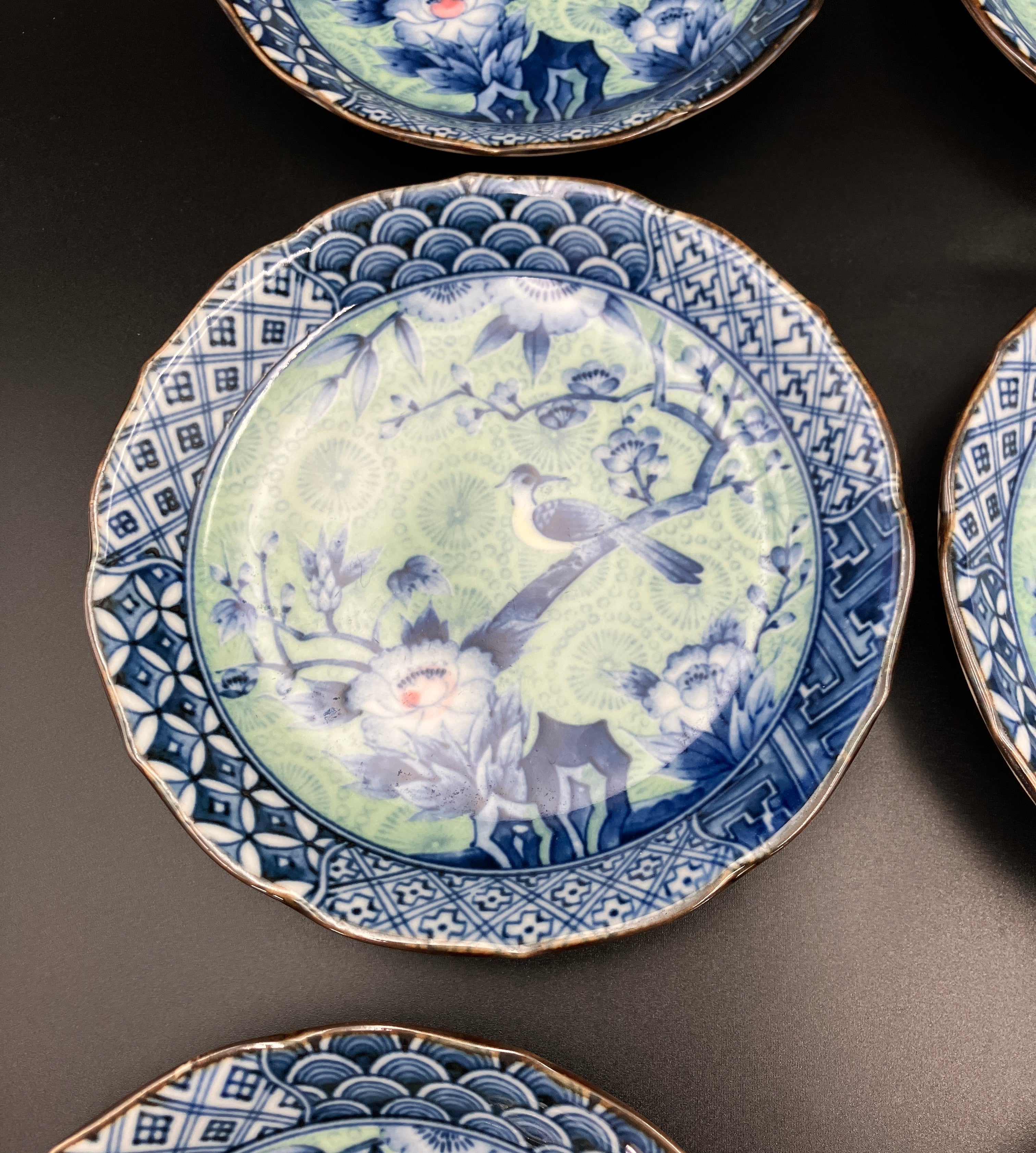 Vintage Arita Japanese Genshou Plate Blue/Green Floral Bird X6 Porcelain 16cm