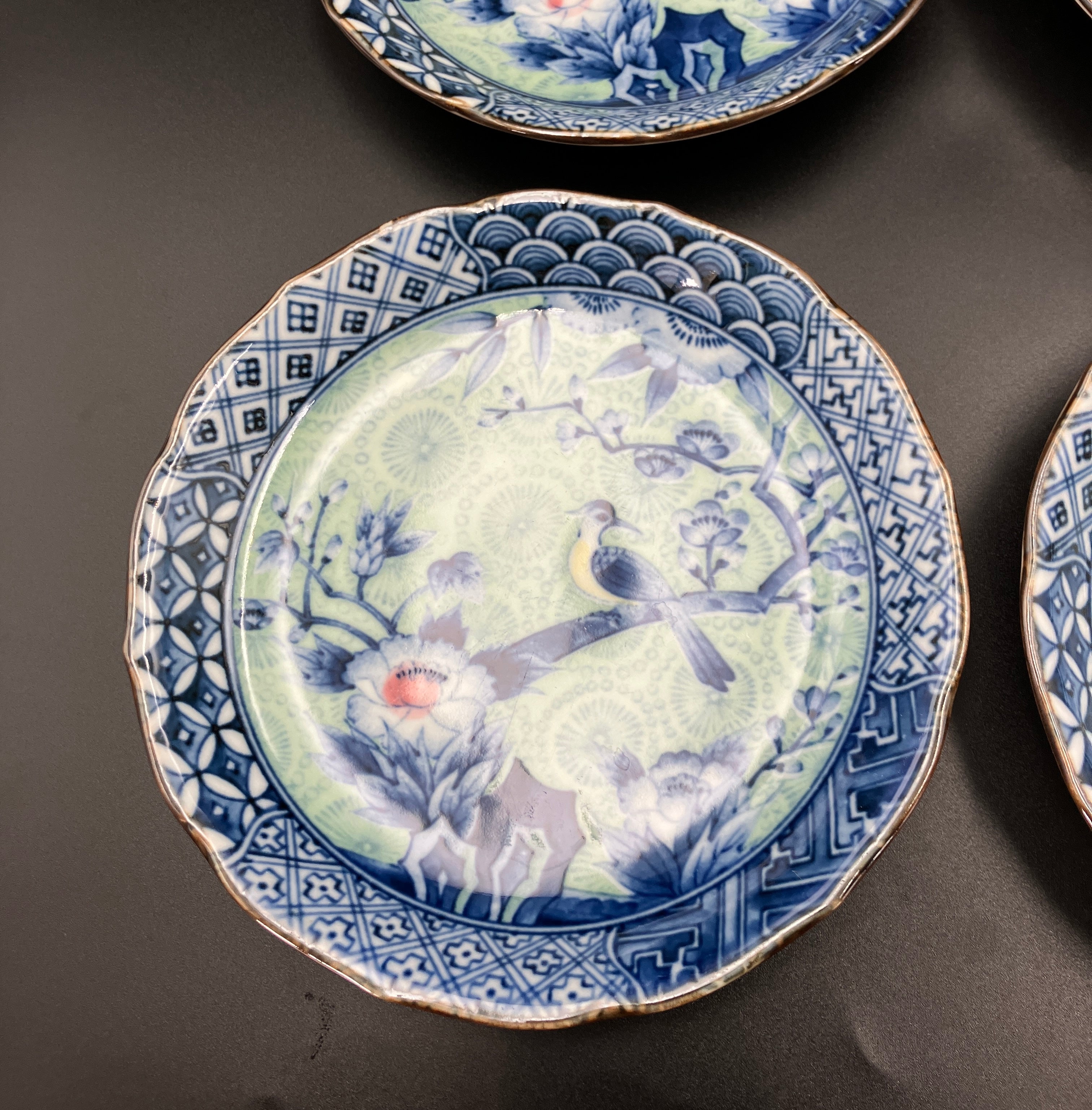 Vintage Arita Japanese Genshou Plate Blue/Green Floral Bird X6 Porcelain 16cm