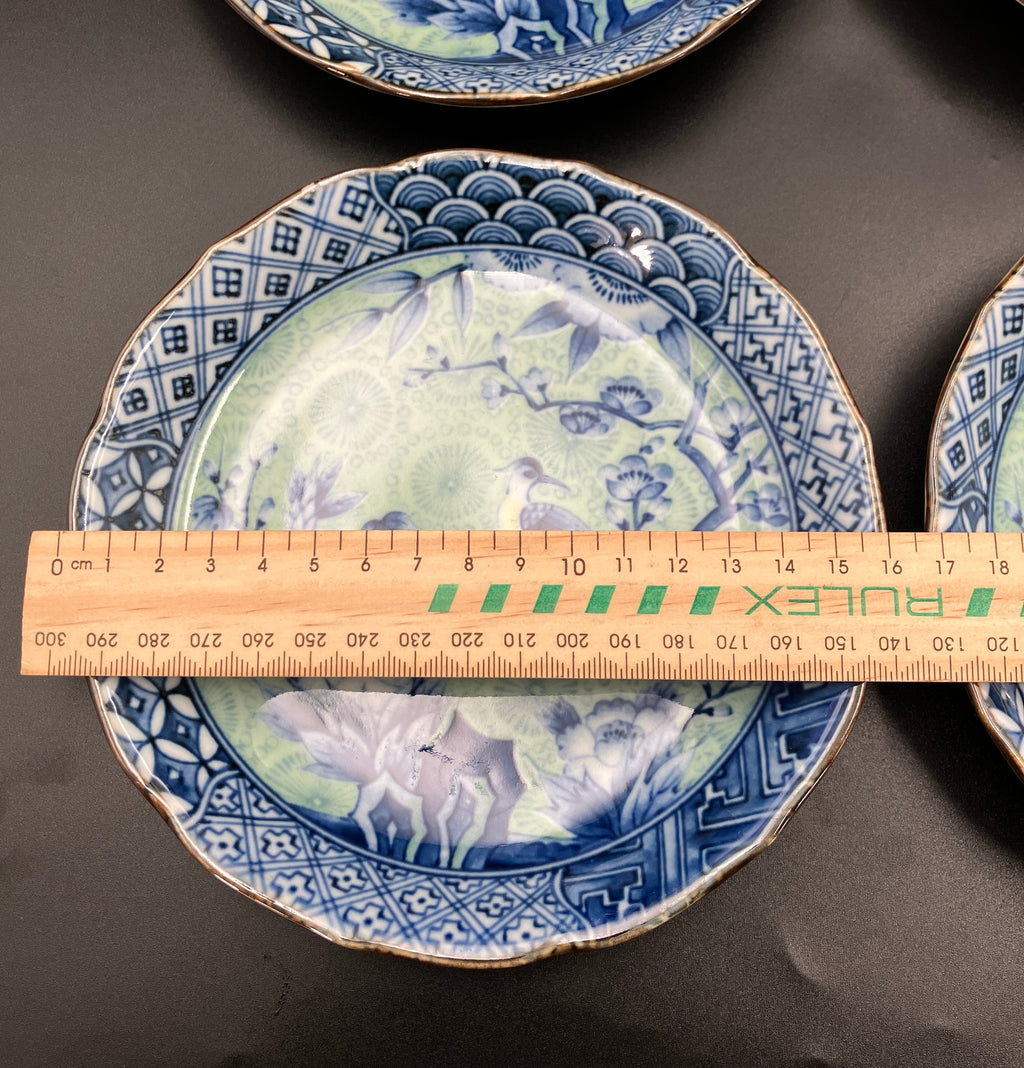 Vintage Arita Japanese Genshou Plate Blue/Green Floral Bird X6 Porcelain 16cm