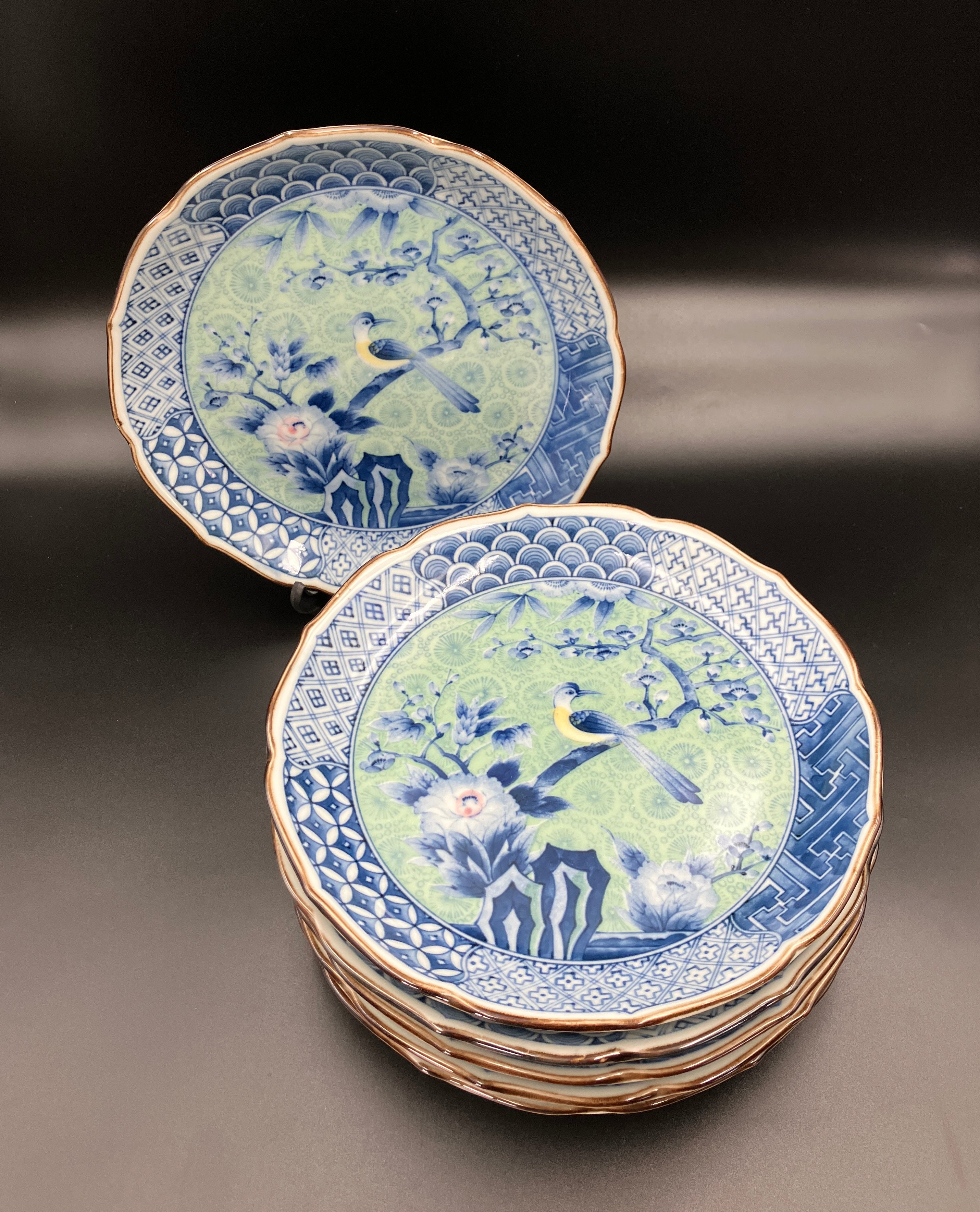 Vintage Arita Japanese Genshou Main Plates Blue/Green Floral Bird X6 Porcelain