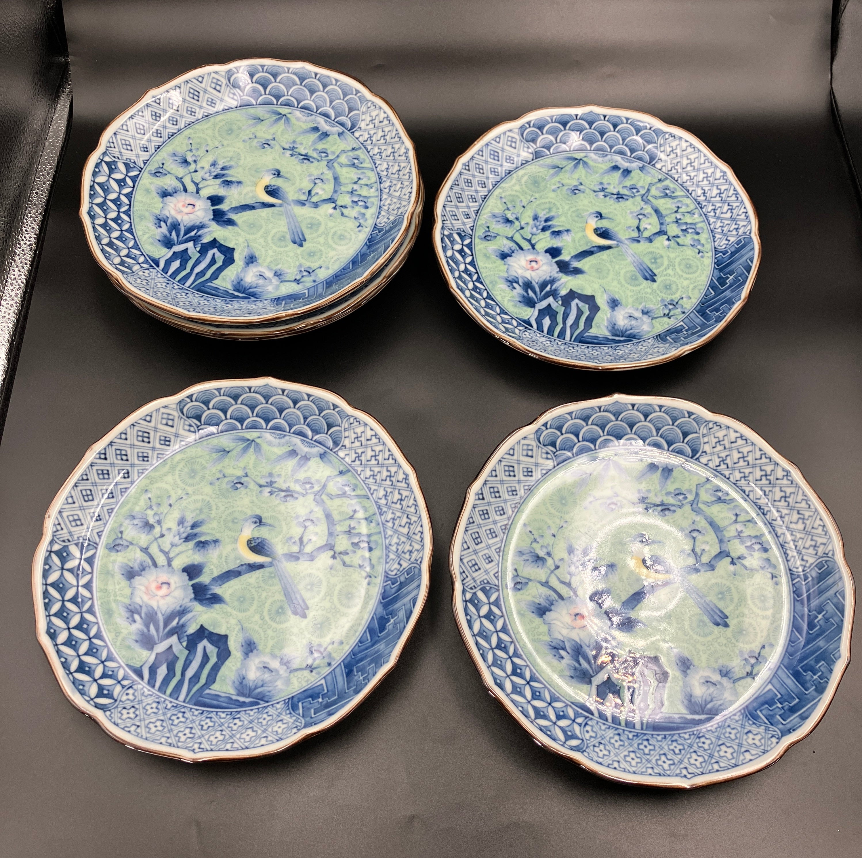 Vintage Arita Japanese Genshou Main Plates Blue/Green Floral Bird X6 Porcelain