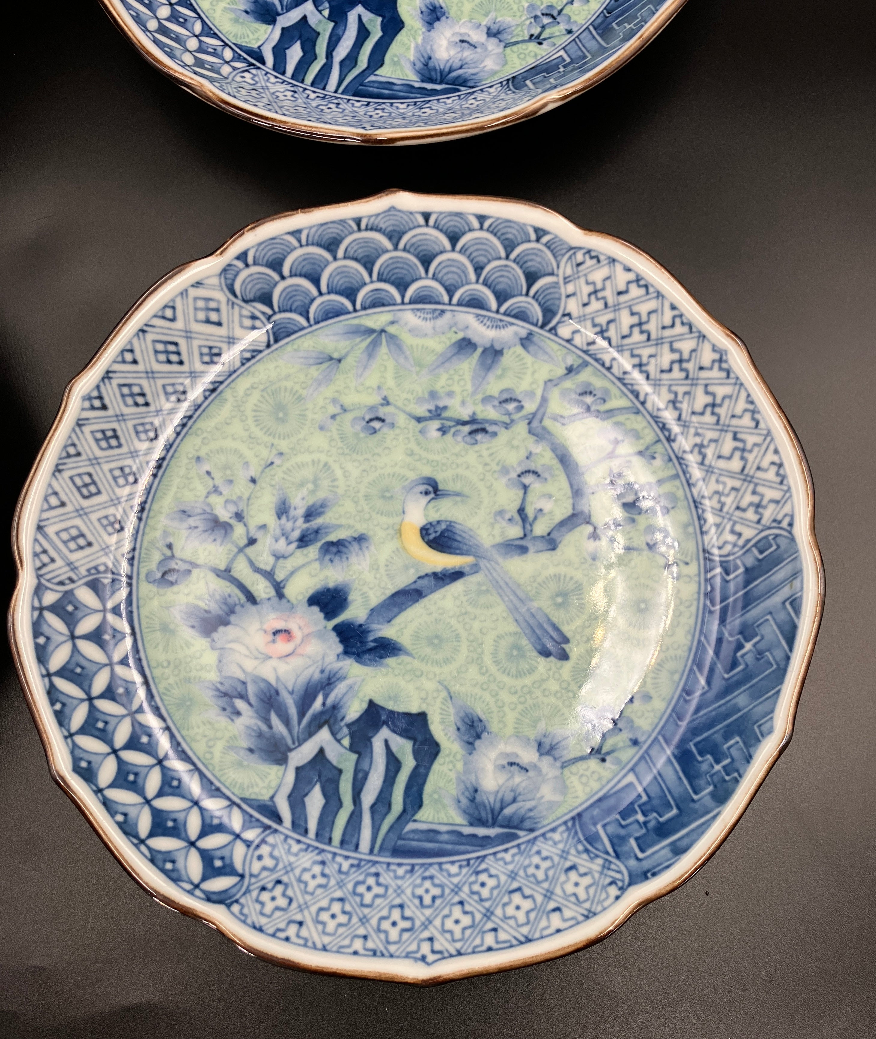 Vintage Arita Japanese Genshou Main Plates Blue/Green Floral Bird X6 Porcelain
