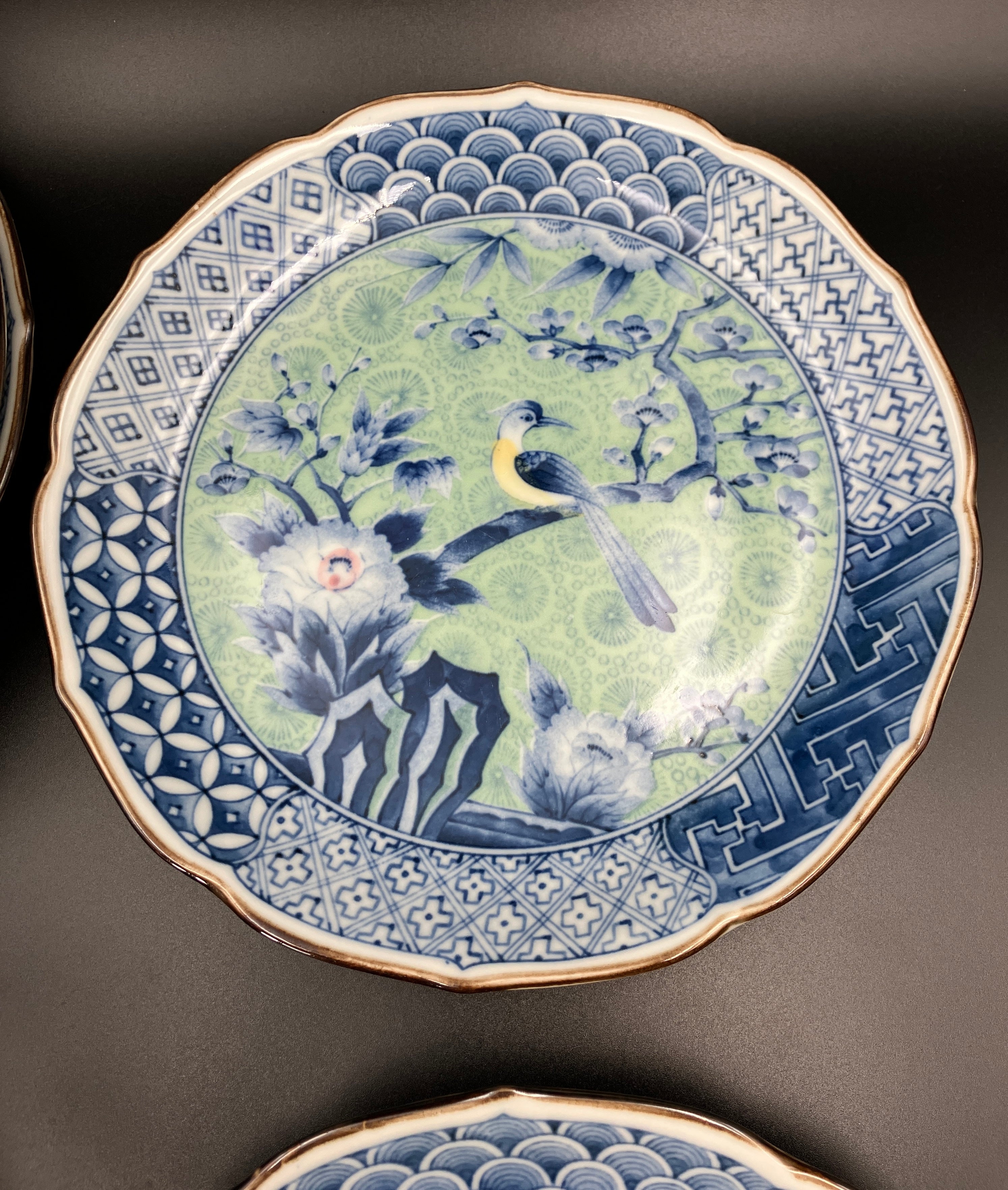 Vintage Arita Japanese Genshou Main Plates Blue/Green Floral Bird X6 Porcelain