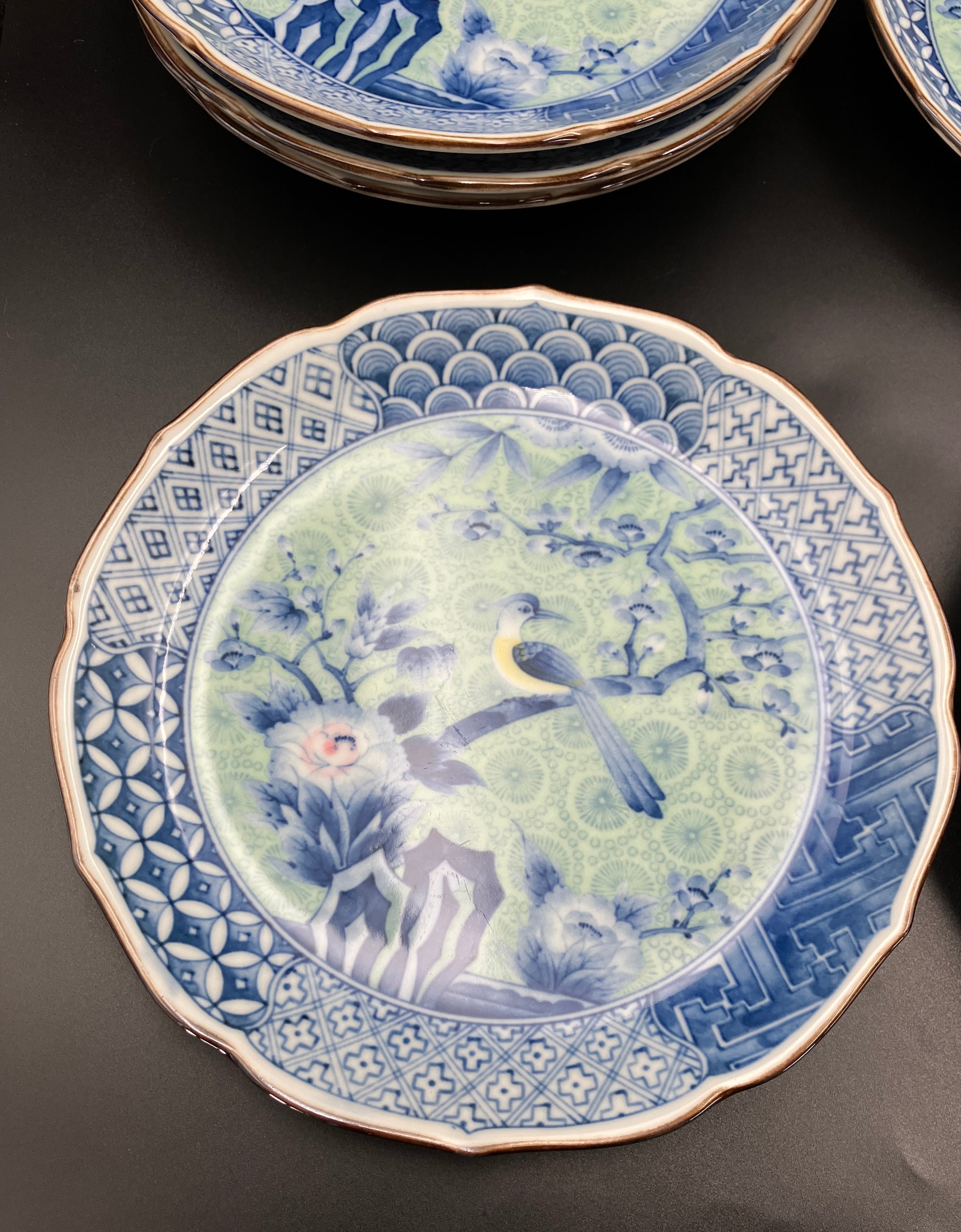 Vintage Arita Japanese Genshou Main Plates Blue/Green Floral Bird X6 Porcelain