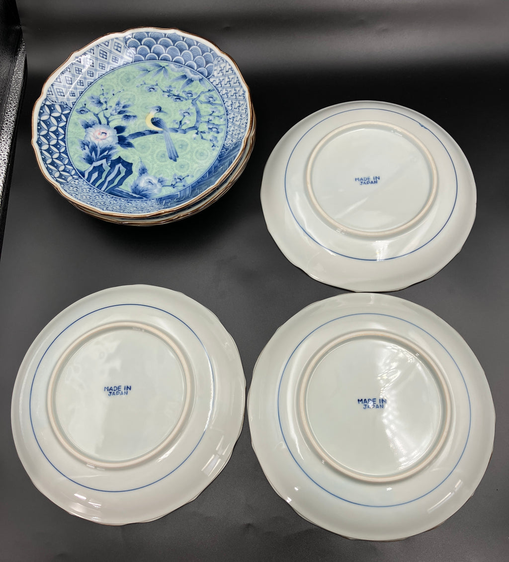 Vintage Arita Japanese Genshou Main Plates Blue/Green Floral Bird X6 Porcelain