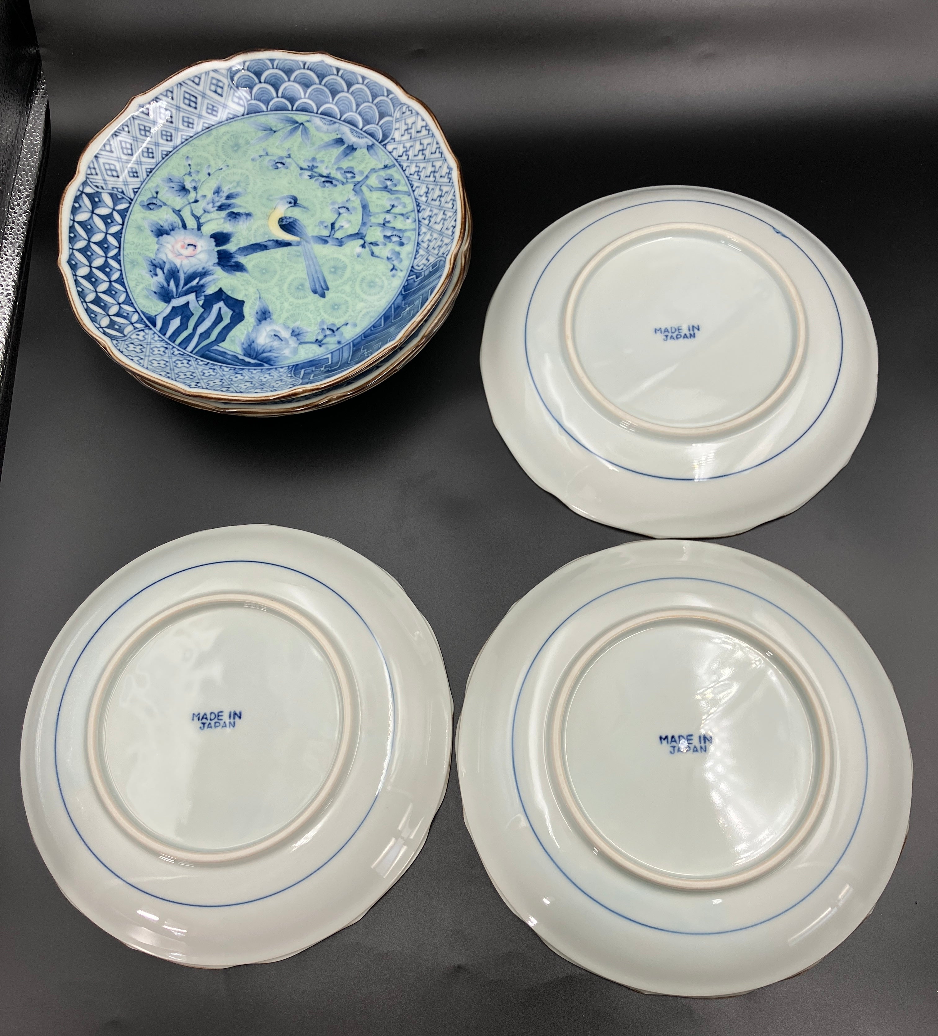 Vintage Arita Japanese Genshou Main Plates Blue/Green Floral Bird X6 Porcelain