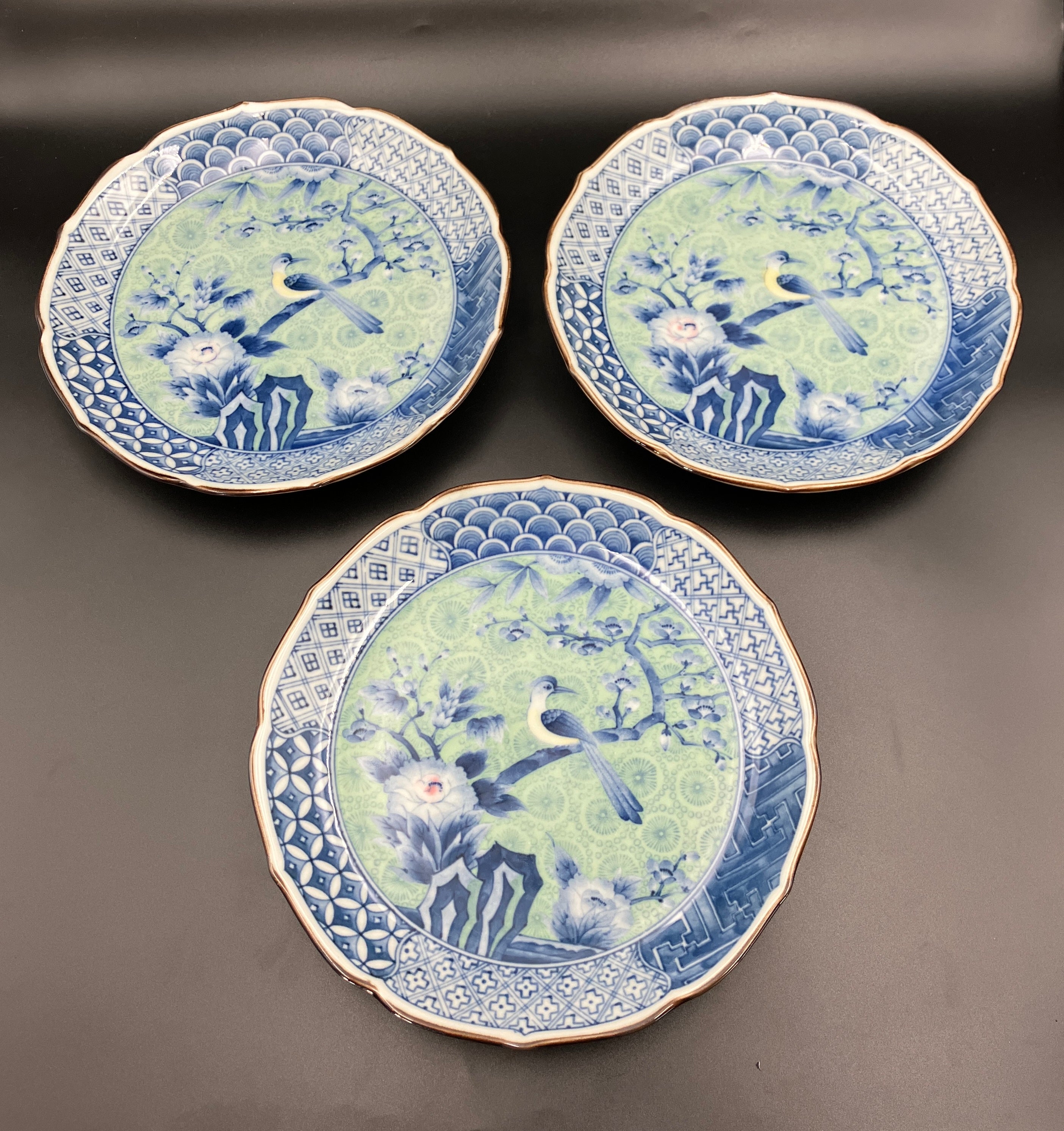 Vintage Arita Japanese Genshou Main Plates Blue/Green Floral Bird X6 Porcelain