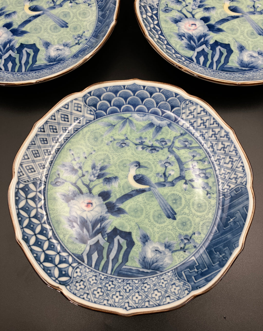 Vintage Arita Japanese Genshou Main Plates Blue/Green Floral Bird X6 Porcelain