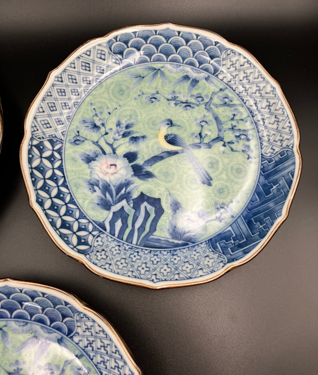 Vintage Arita Japanese Genshou Main Plates Blue/Green Floral Bird X6 Porcelain