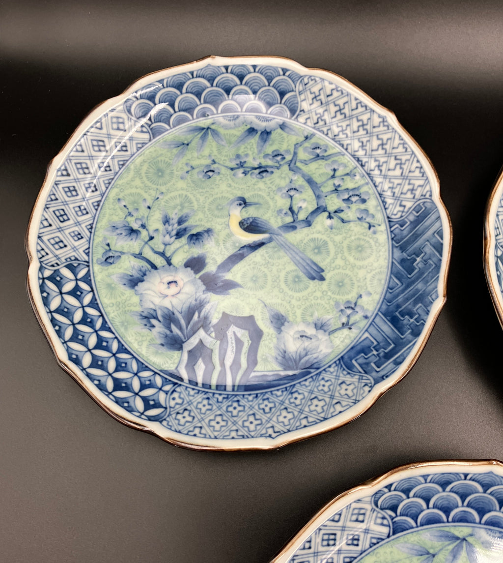 Vintage Arita Japanese Genshou Main Plates Blue/Green Floral Bird X6 Porcelain