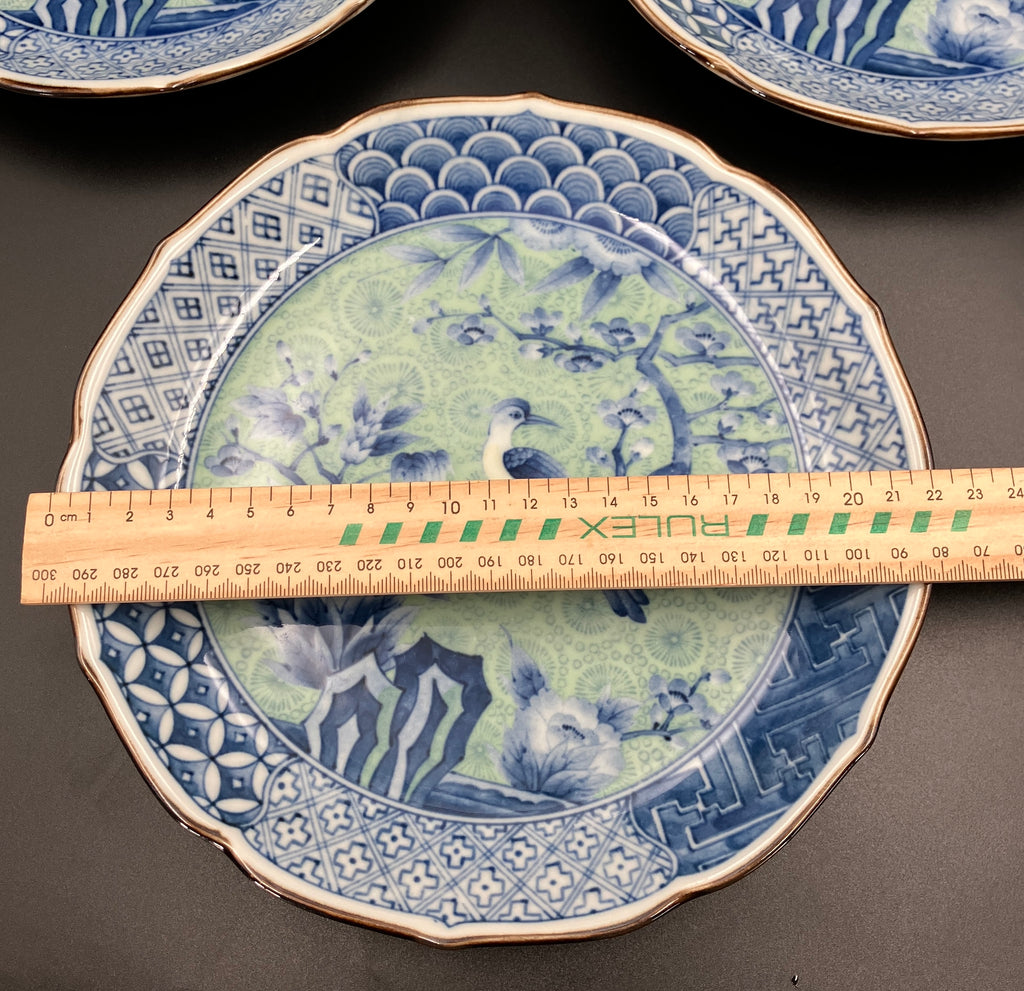 Vintage Arita Japanese Genshou Main Plates Blue/Green Floral Bird X6 Porcelain