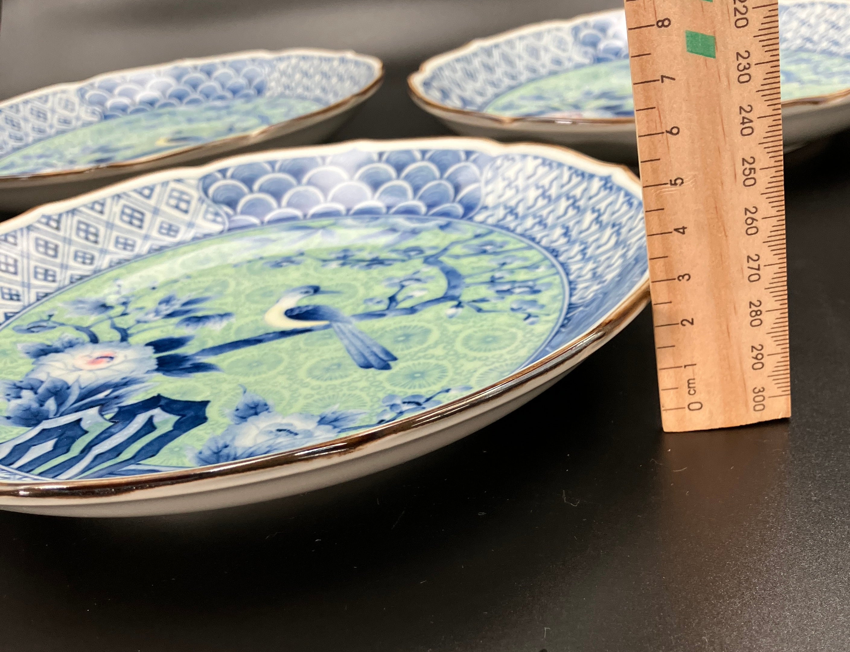 Vintage Arita Japanese Genshou Main Plates Blue/Green Floral Bird X6 Porcelain