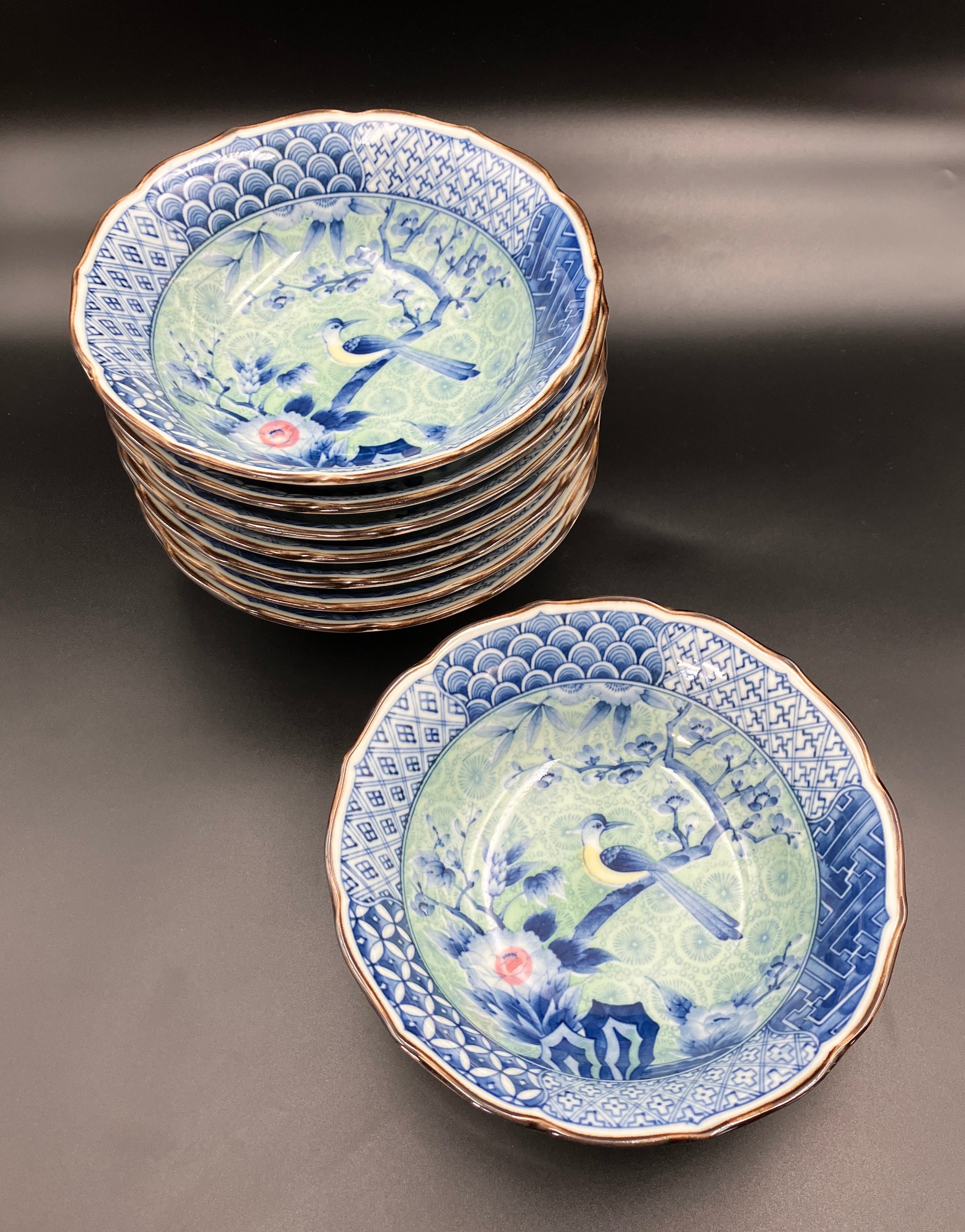 Vintage Arita Japanese Genshou Bowls Blue/Green Floral Bird X8 Porcelain 19cm