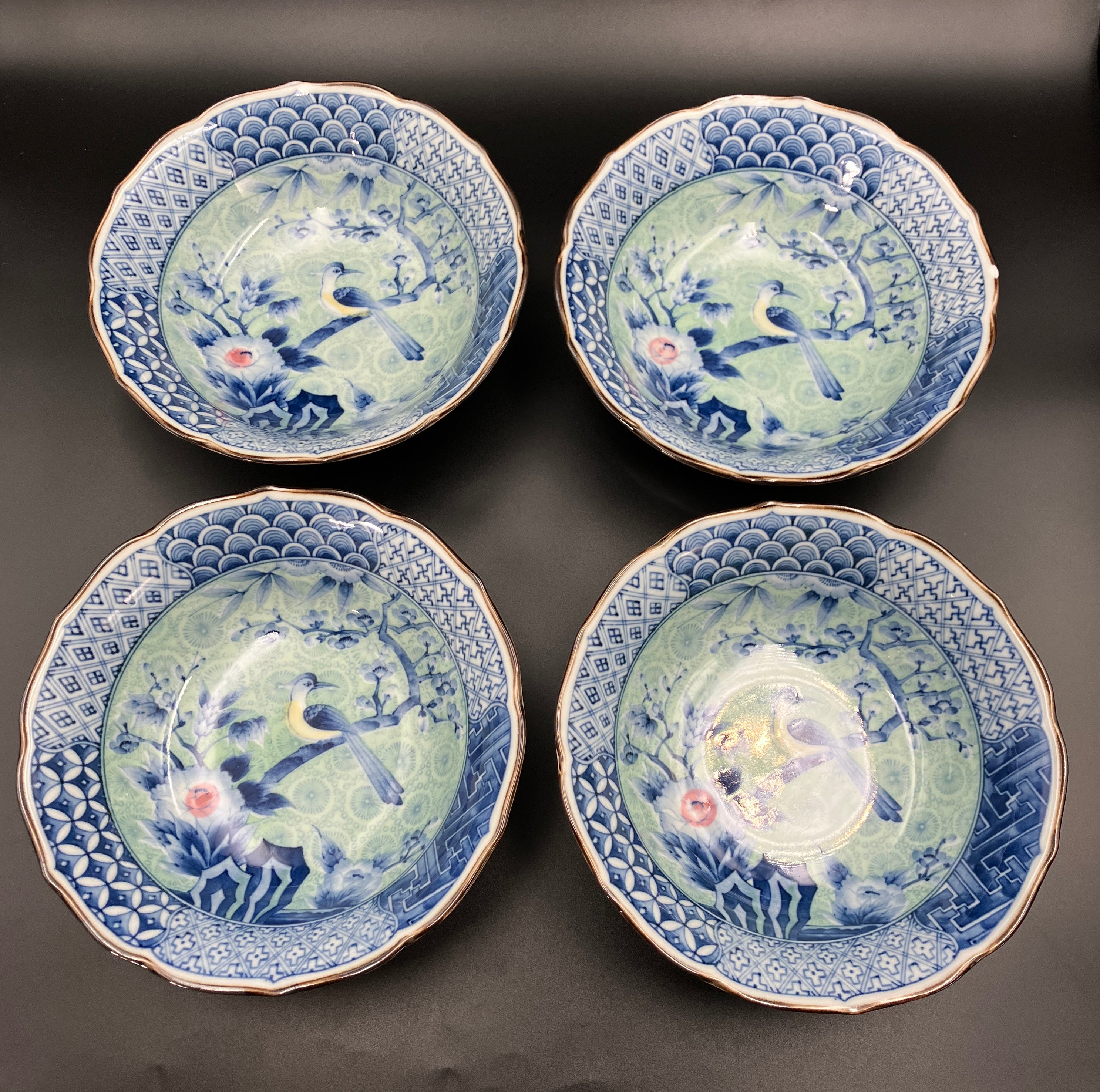 Vintage Arita Japanese Genshou Bowls Blue/Green Floral Bird X8 Porcelain 19cm