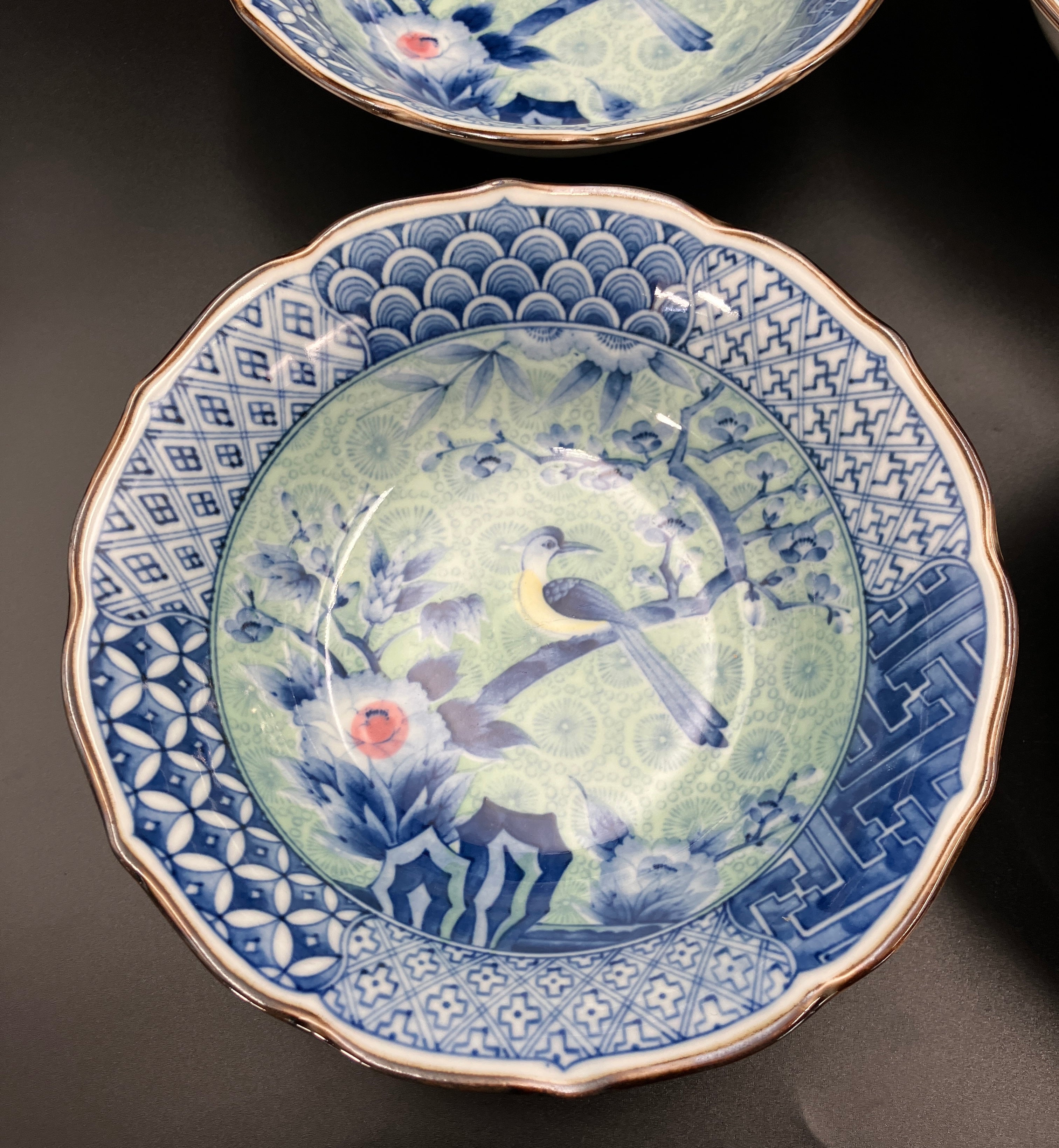 Vintage Arita Japanese Genshou Bowls Blue/Green Floral Bird X8 Porcelain 19cm