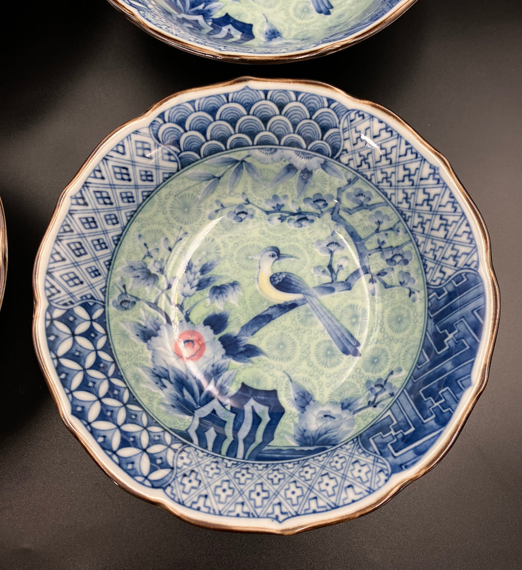 Vintage Arita Japanese Genshou Bowls Blue/Green Floral Bird X8 Porcelain 19cm