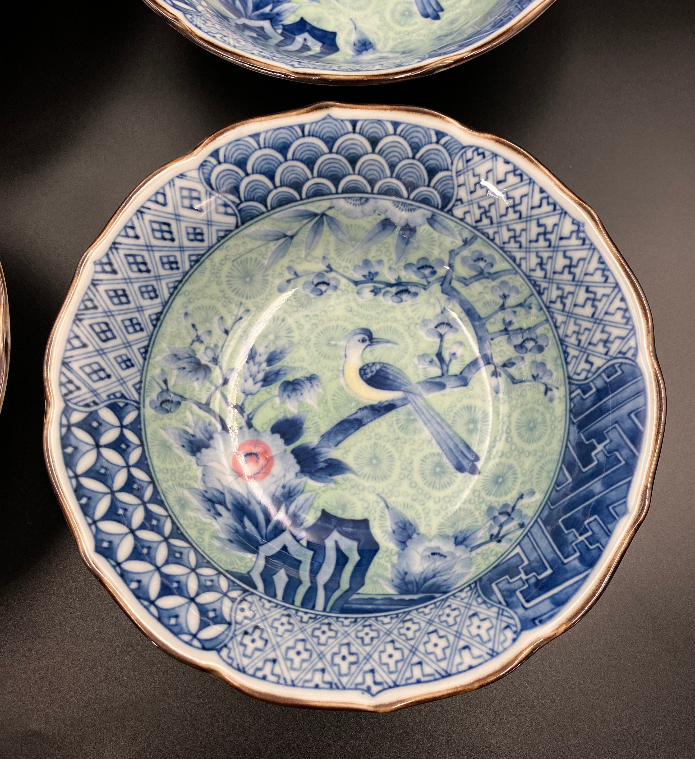 Vintage Arita Japanese Genshou Bowls Blue/Green Floral Bird X8 Porcelain 19cm