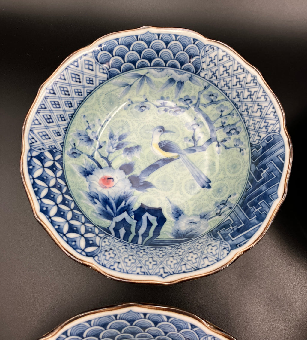 Vintage Arita Japanese Genshou Bowls Blue/Green Floral Bird X8 Porcelain 19cm