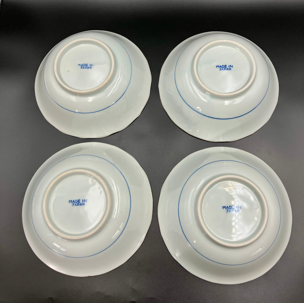 Vintage Arita Japanese Genshou Bowls Blue/Green Floral Bird X8 Porcelain 19cm