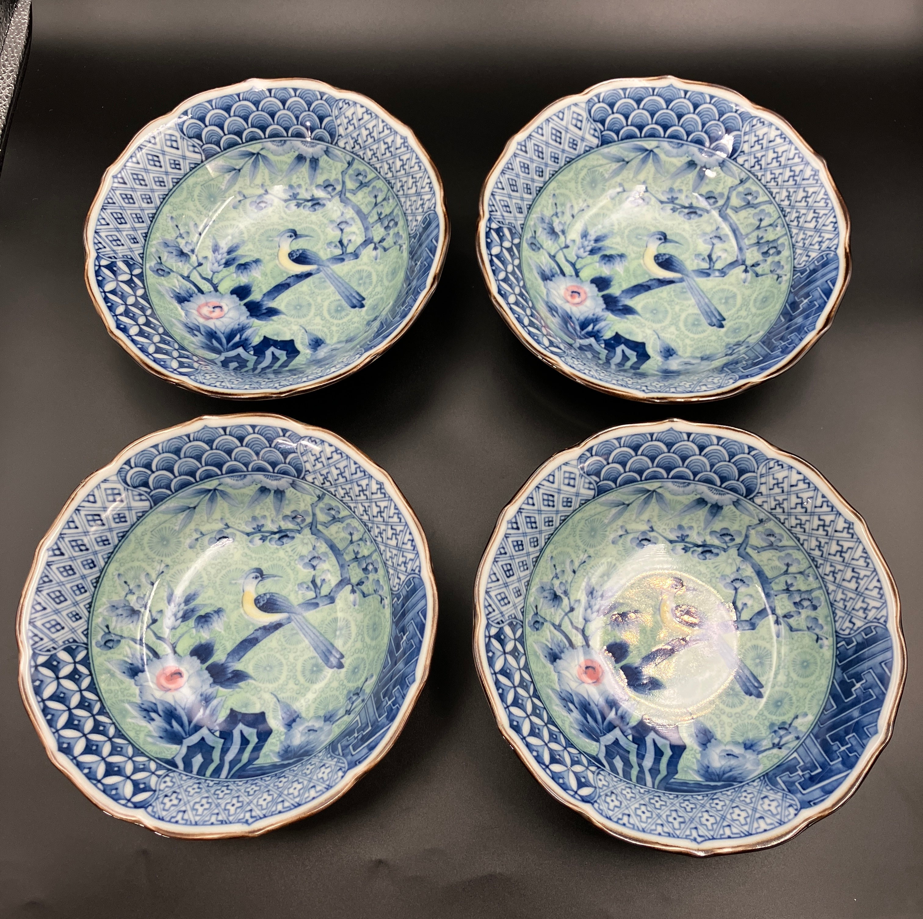 Vintage Arita Japanese Genshou Bowls Blue/Green Floral Bird X8 Porcelain 19cm