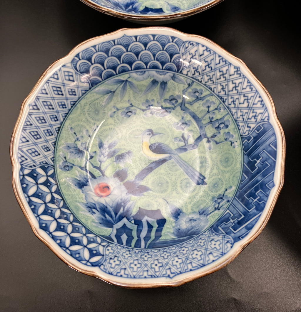Vintage Arita Japanese Genshou Bowls Blue/Green Floral Bird X8 Porcelain 19cm