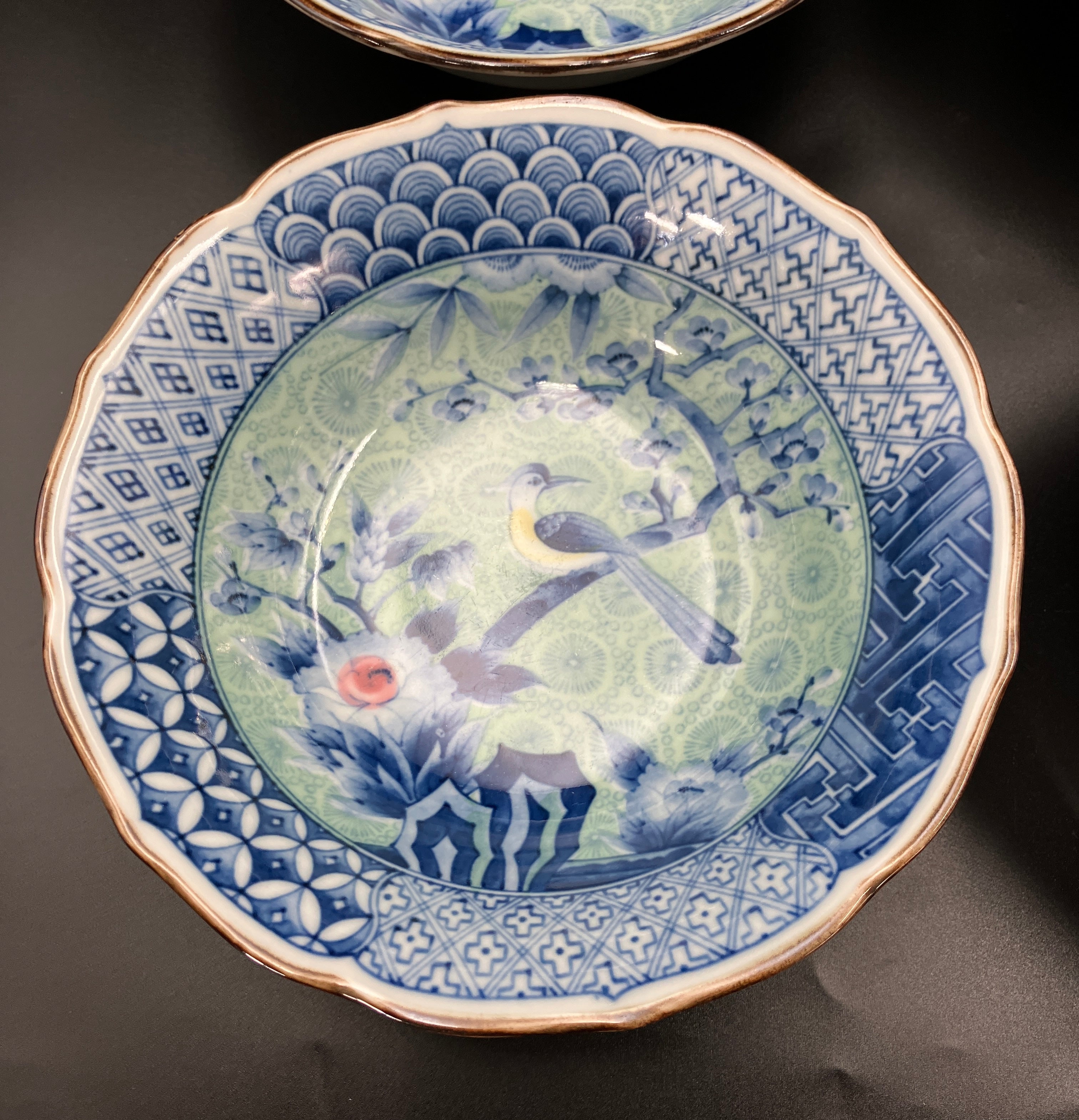 Vintage Arita Japanese Genshou Bowls Blue/Green Floral Bird X8 Porcelain 19cm