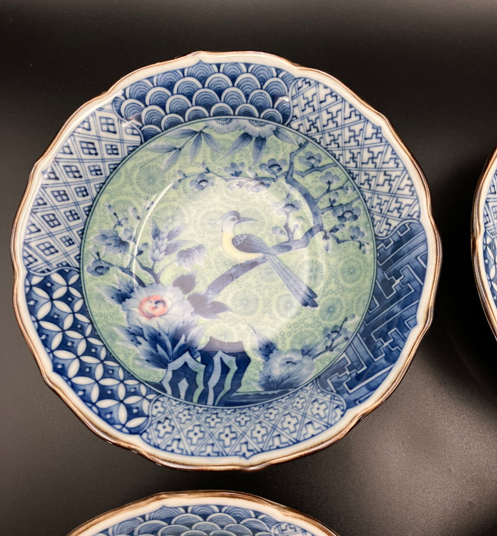 Vintage Arita Japanese Genshou Bowls Blue/Green Floral Bird X8 Porcelain 19cm
