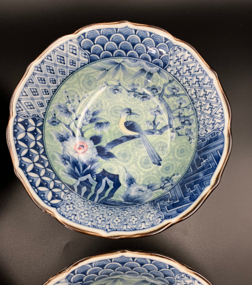 Vintage Arita Japanese Genshou Bowls Blue/Green Floral Bird X8 Porcelain 19cm