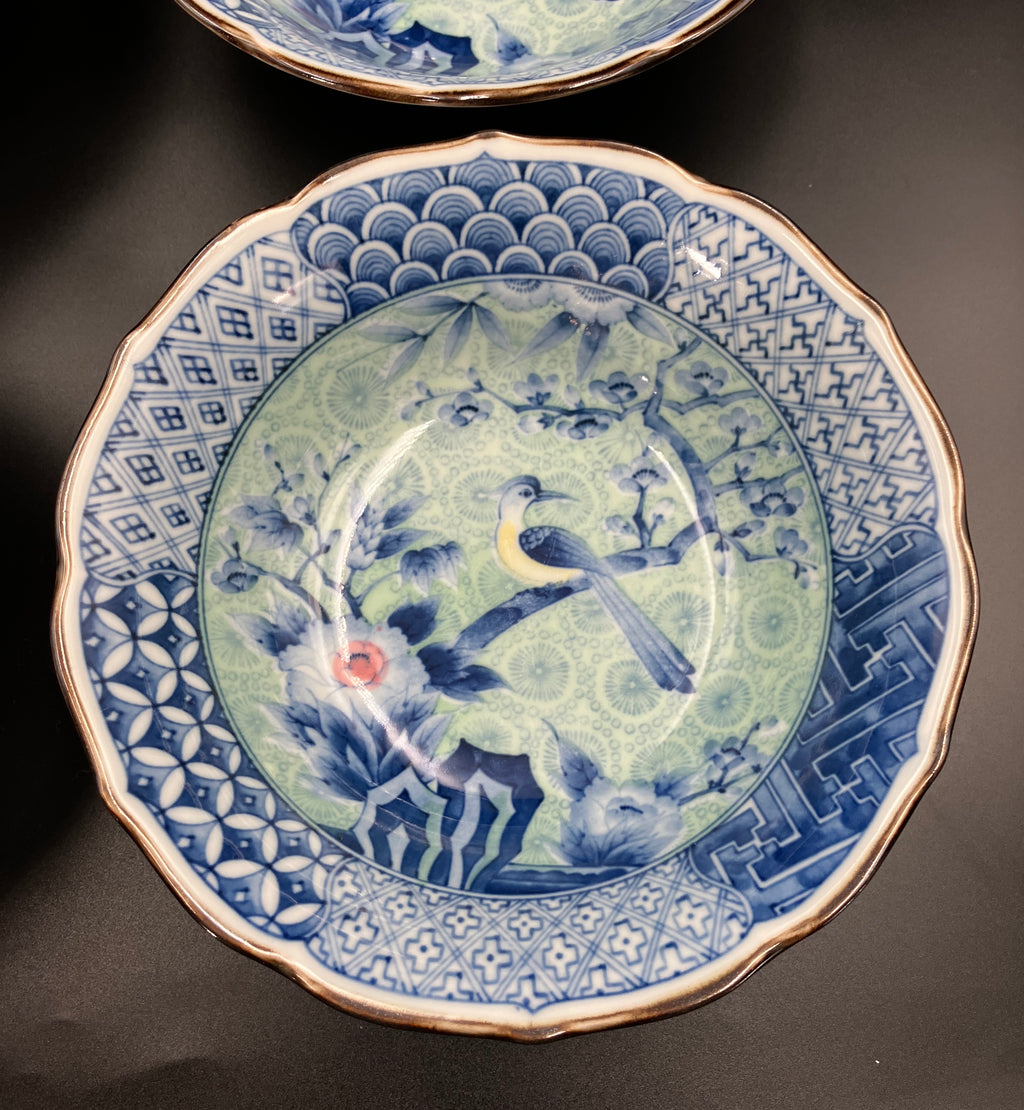 Vintage Arita Japanese Genshou Bowls Blue/Green Floral Bird X8 Porcelain 19cm