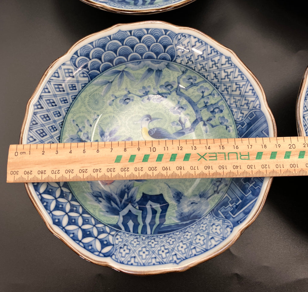 Vintage Arita Japanese Genshou Bowls Blue/Green Floral Bird X8 Porcelain 19cm