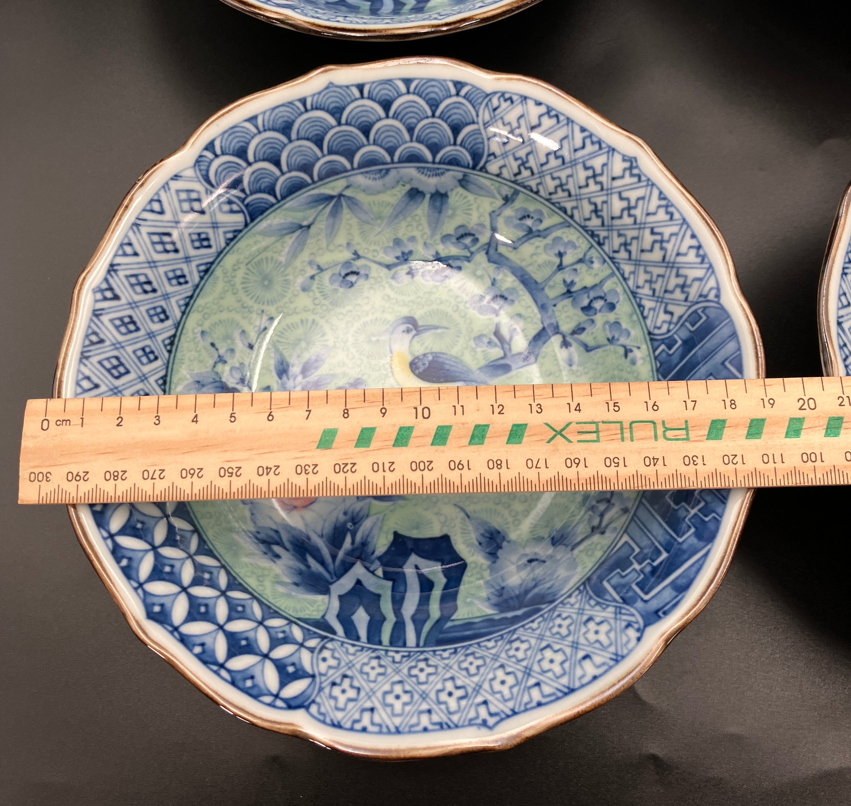 Vintage Arita Japanese Genshou Bowls Blue/Green Floral Bird X8 Porcelain 19cm