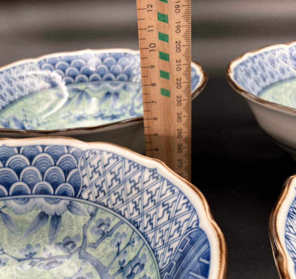 Vintage Arita Japanese Genshou Bowls Blue/Green Floral Bird X8 Porcelain 19cm