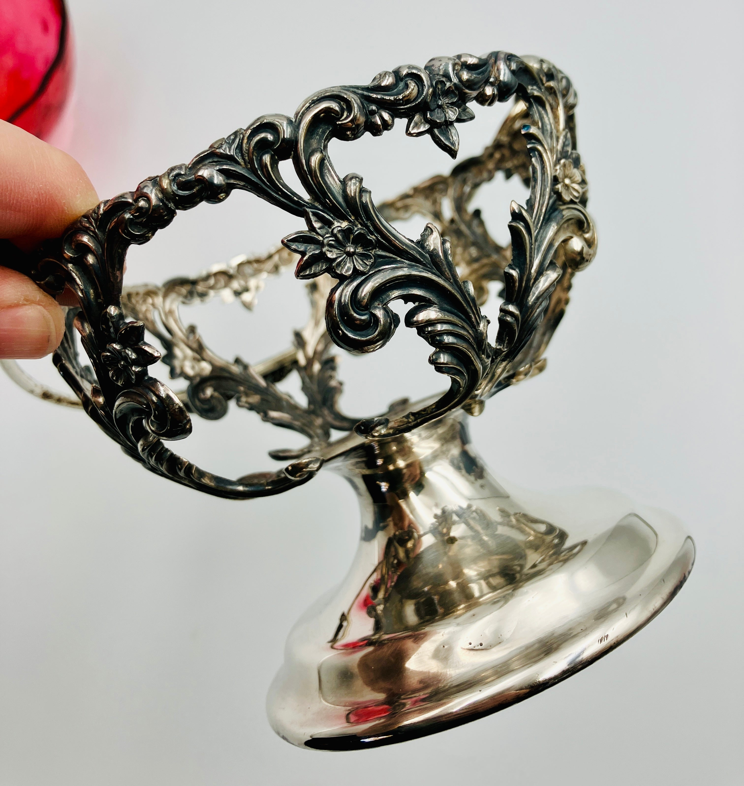 Antique Pickle Jar Set Cranberry Glass Silver Quadruple Plated New Amsterdam USA