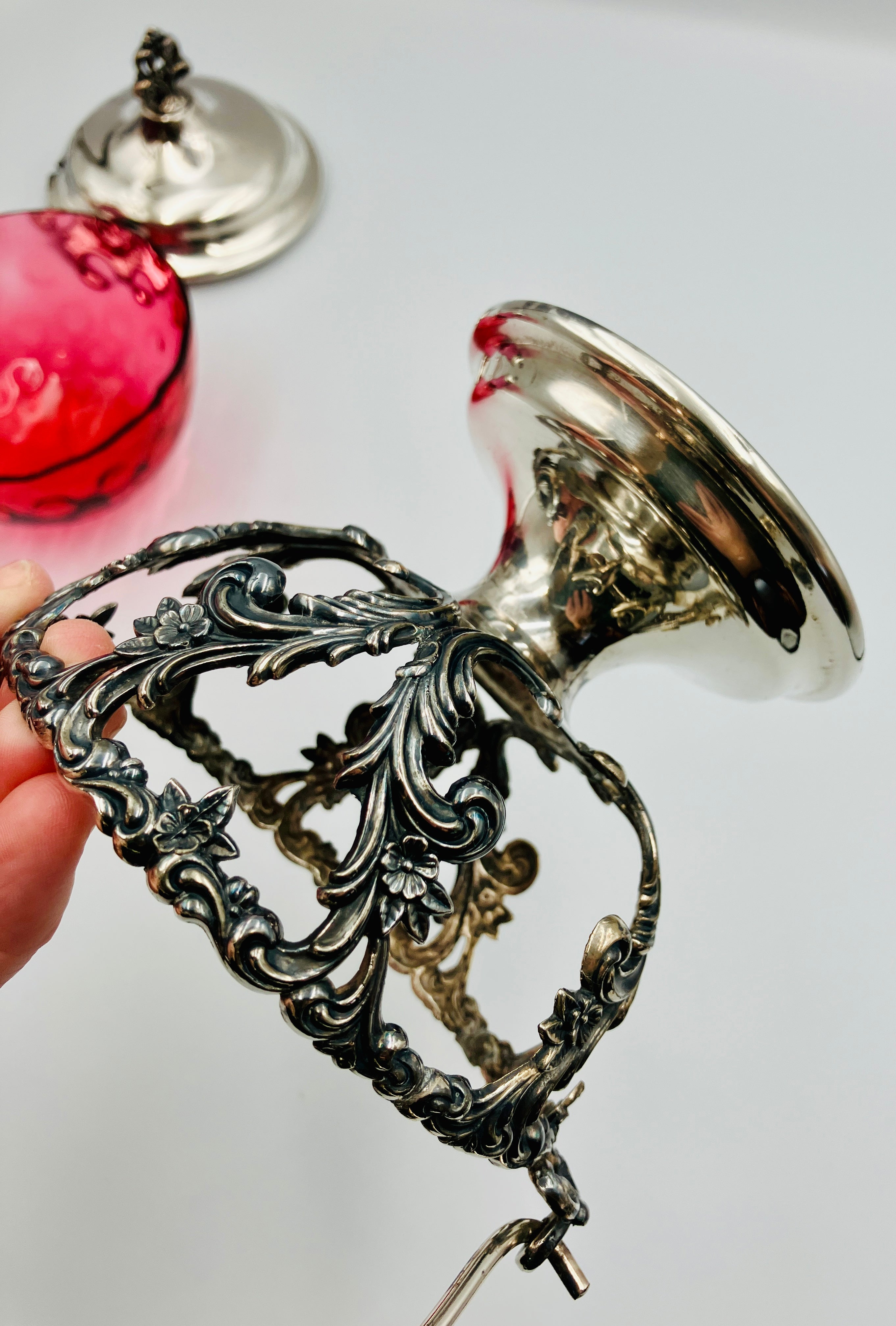 Antique Pickle Jar Set Cranberry Glass Silver Quadruple Plated New Amsterdam USA