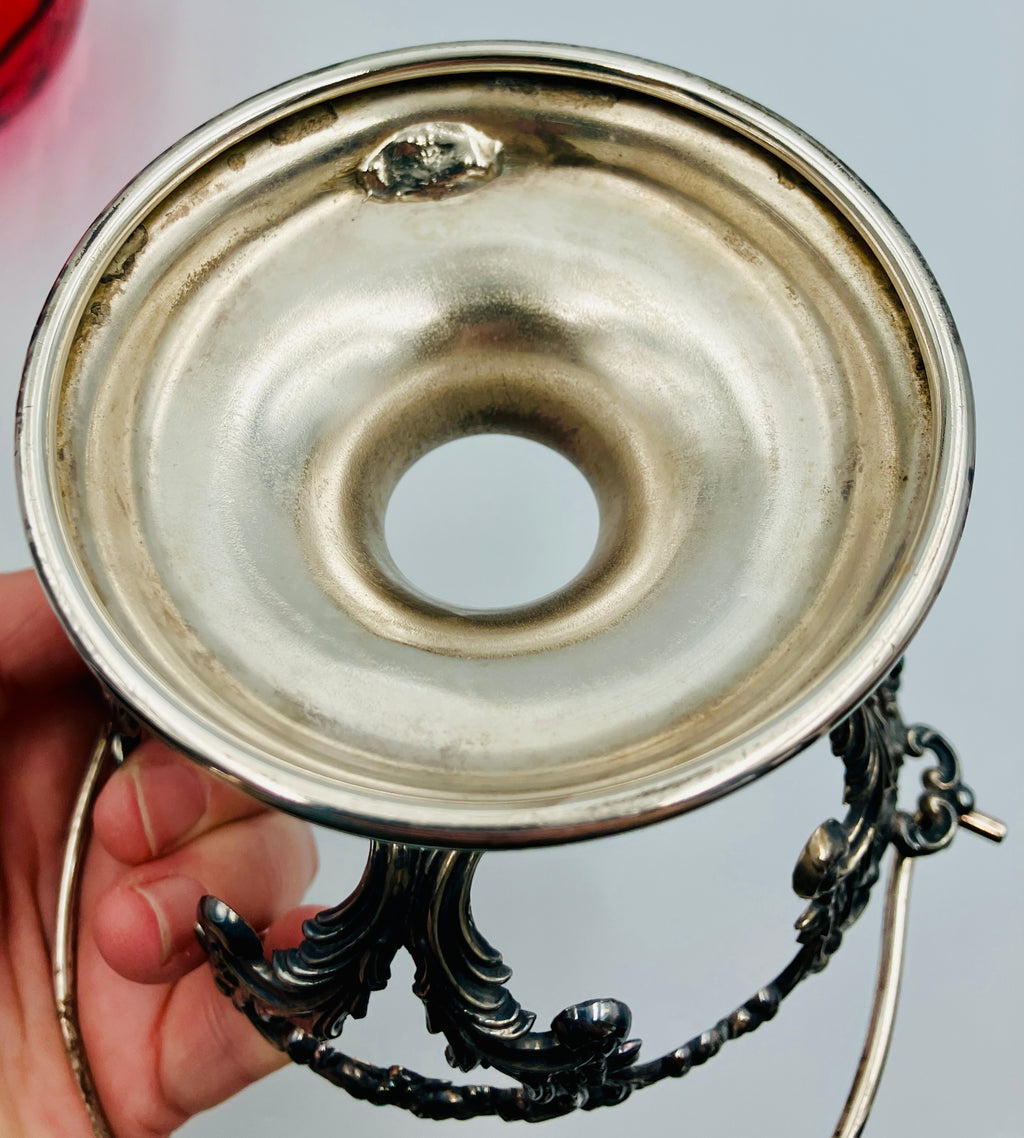 Antique Pickle Jar Set Cranberry Glass Silver Quadruple Plated New Amsterdam USA