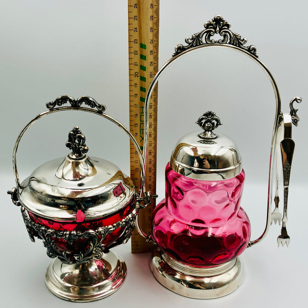 Antique Pickle Jar Set Cranberry Glass Silver Quadruple Plated New Amsterdam USA