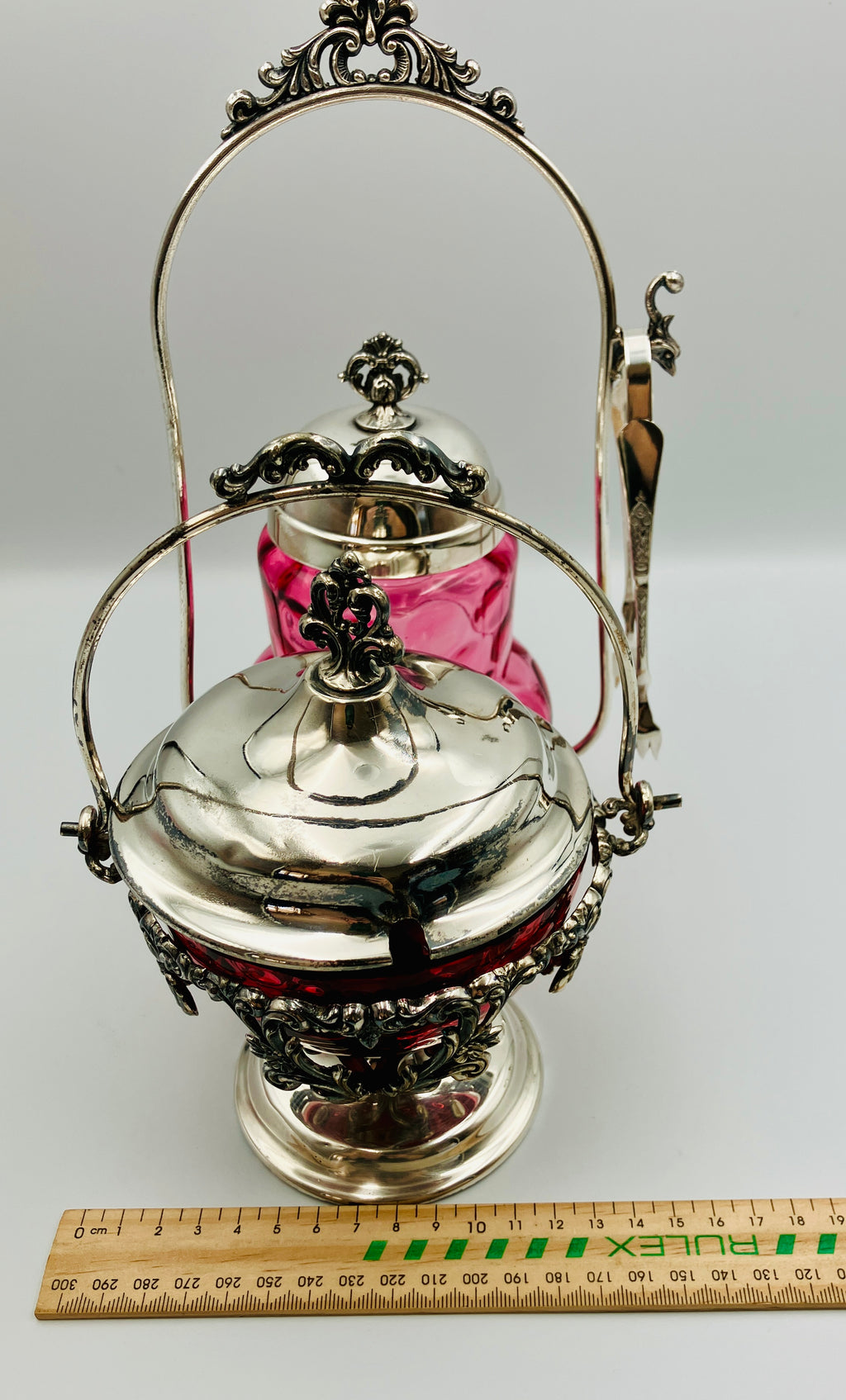 Antique Pickle Jar Set Cranberry Glass Silver Quadruple Plated New Amsterdam USA