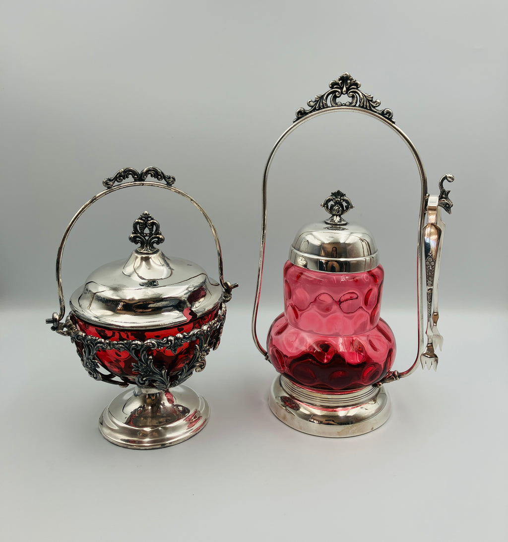 Antique Pickle Jar Set Cranberry Glass Silver Quadruple Plated New Amsterdam USA