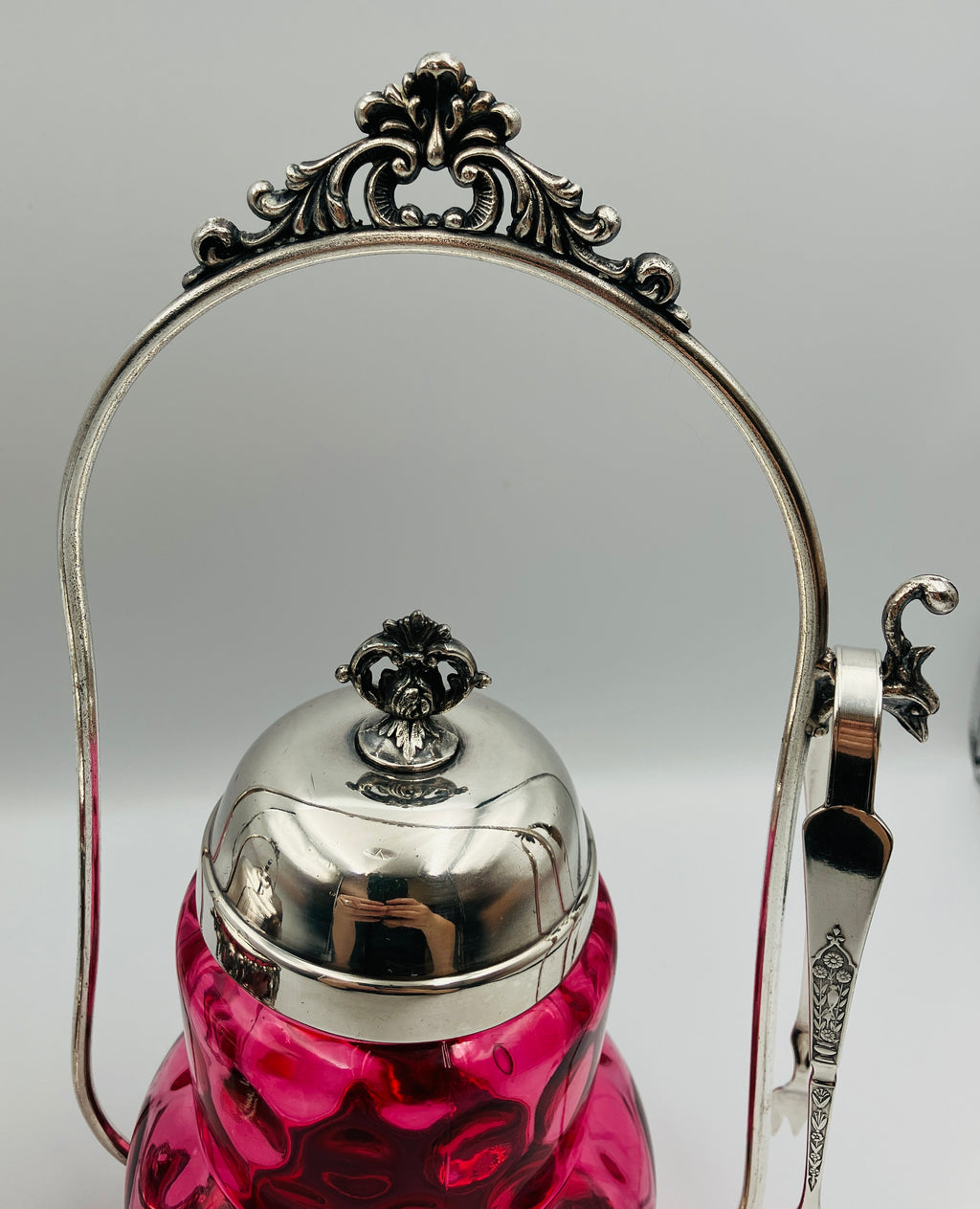 Antique Pickle Jar Set Cranberry Glass Silver Quadruple Plated New Amsterdam USA