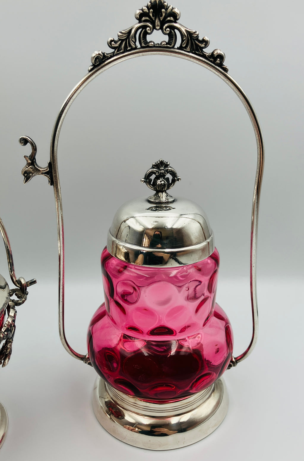 Antique Pickle Jar Set Cranberry Glass Silver Quadruple Plated New Amsterdam USA